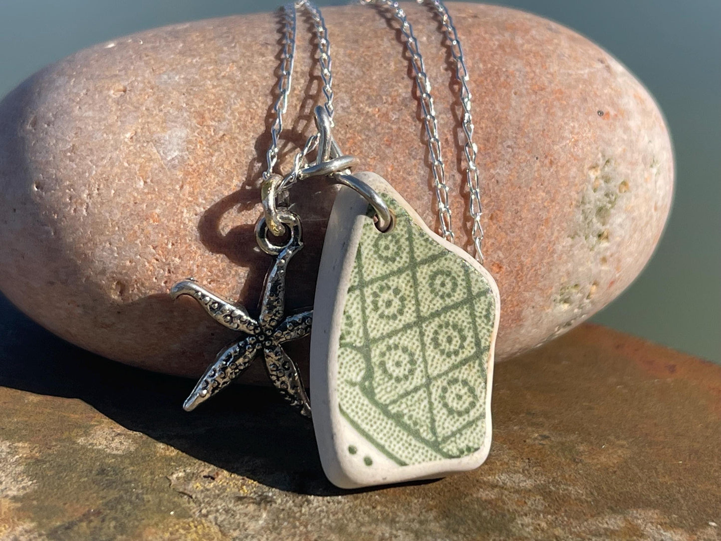 Eco friendly sea ceramic necklace on a sterling silver chain. Eco friendly jewellery, ethical jewellery. Eco friendly necklace.