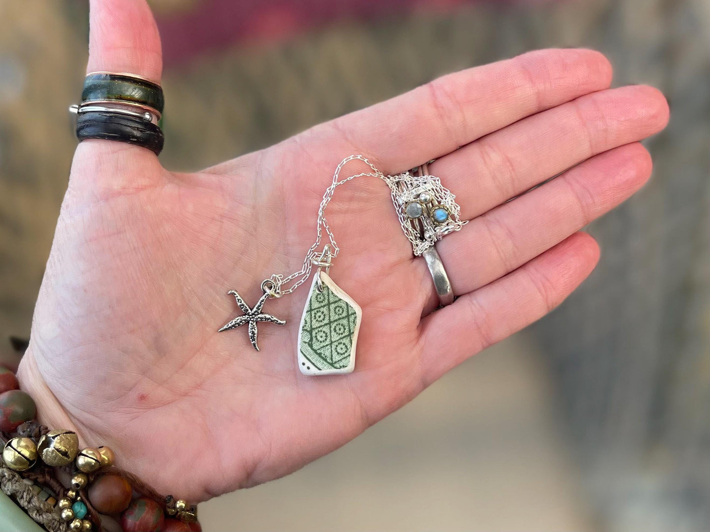 Eco friendly sea ceramic necklace on a sterling silver chain. Eco friendly jewellery, ethical jewellery. Eco friendly necklace.