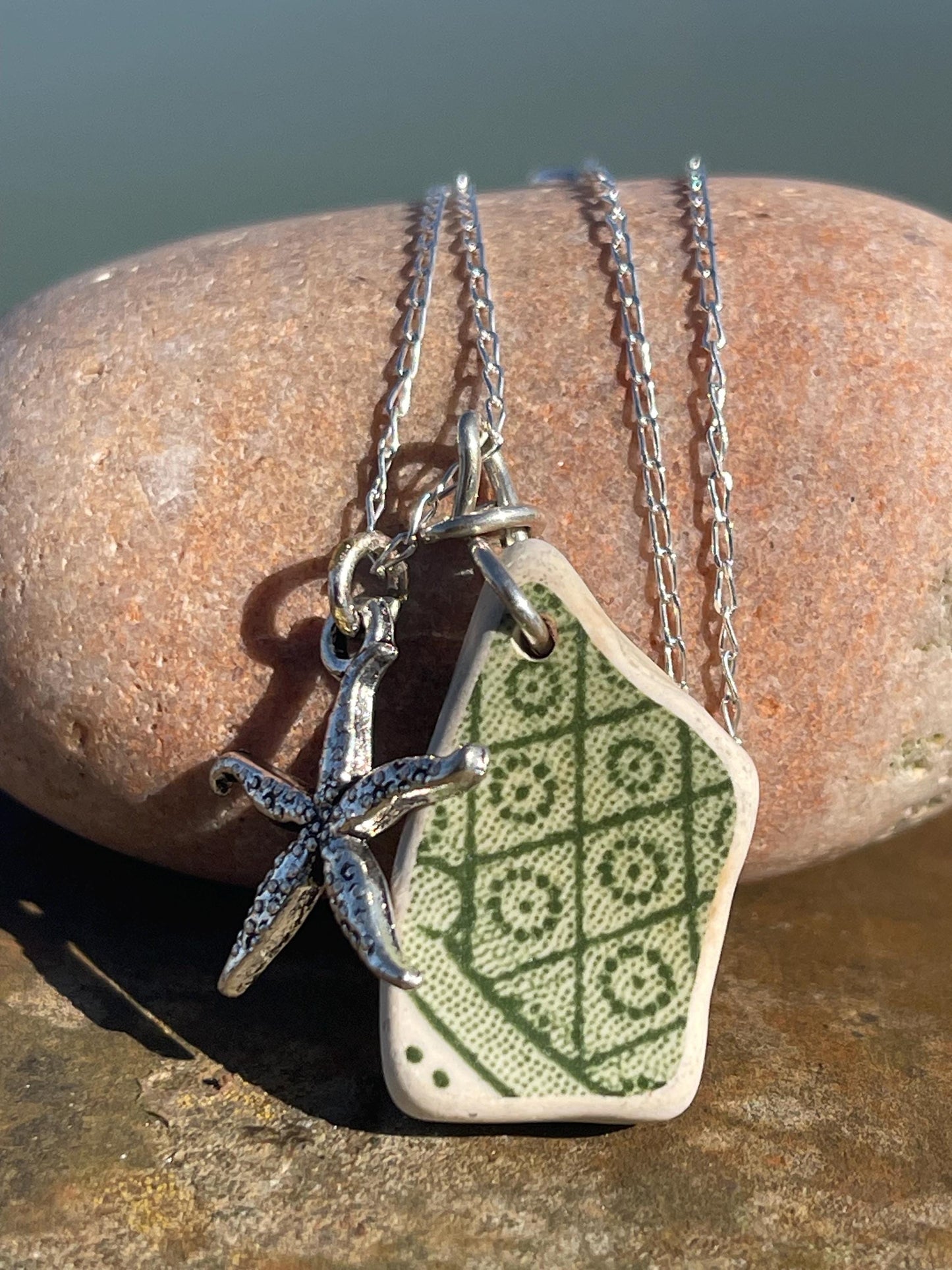 Eco friendly sea ceramic necklace on a sterling silver chain. Eco friendly jewellery, ethical jewellery. Eco friendly necklace.