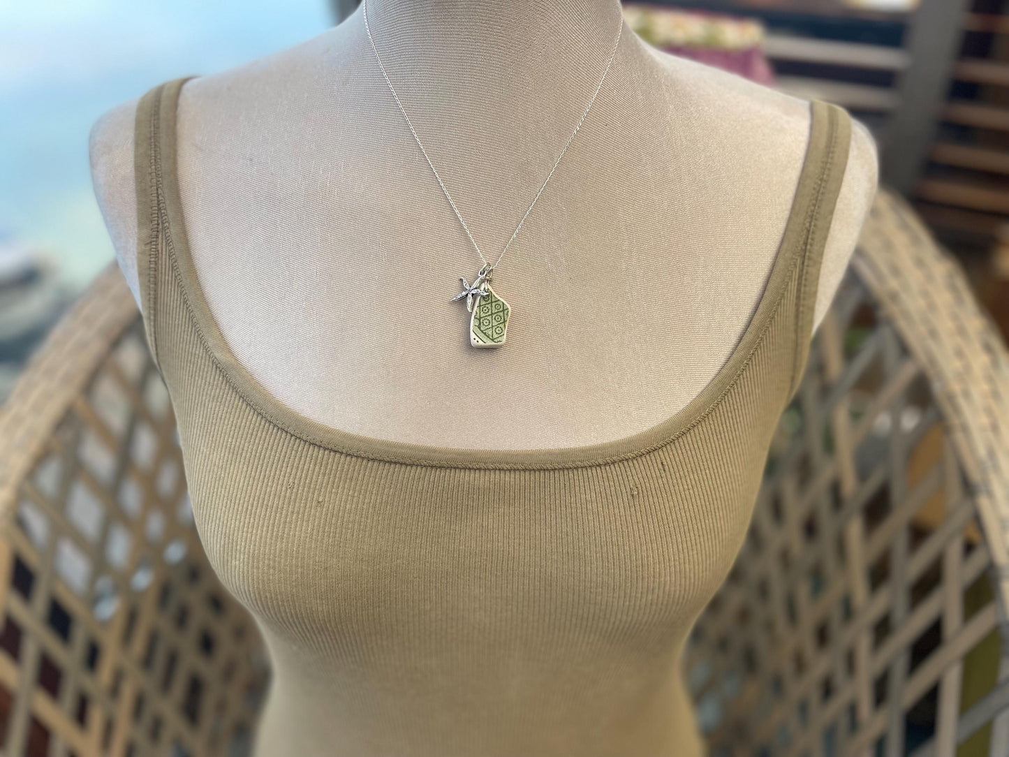 Eco friendly sea ceramic necklace on a sterling silver chain. Eco friendly jewellery, ethical jewellery. Eco friendly necklace.