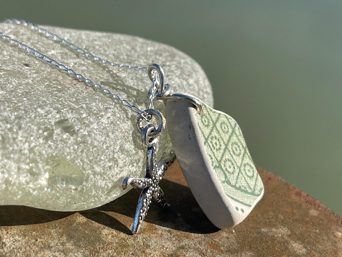 Eco friendly sea ceramic necklace on a sterling silver chain. Eco friendly jewellery, ethical jewellery. Eco friendly necklace.