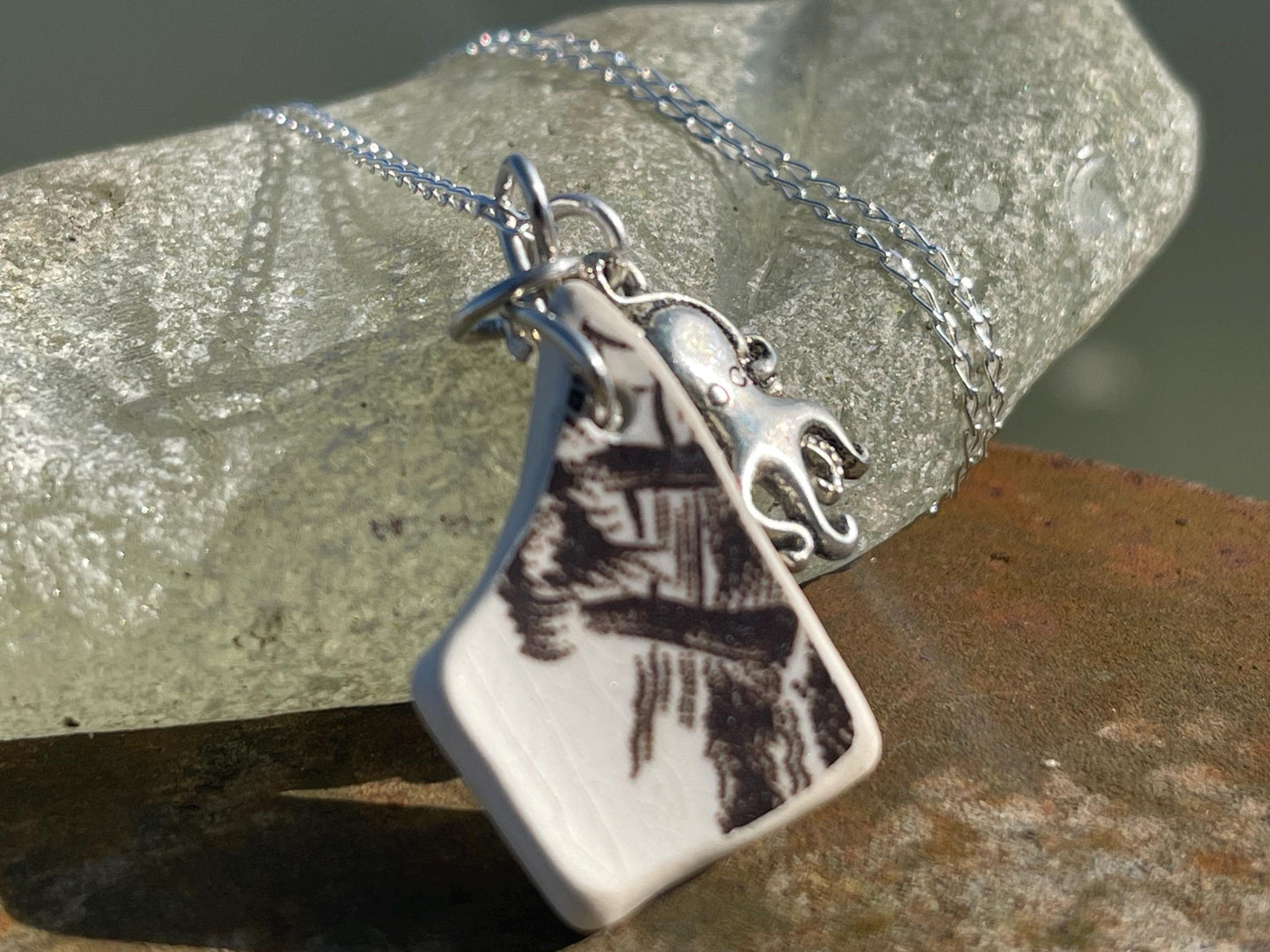 Eco friendly sea ceramic necklace on a sterling silver chain. Eco friendly jewellery, ethical jewellery. Eco friendly necklace.