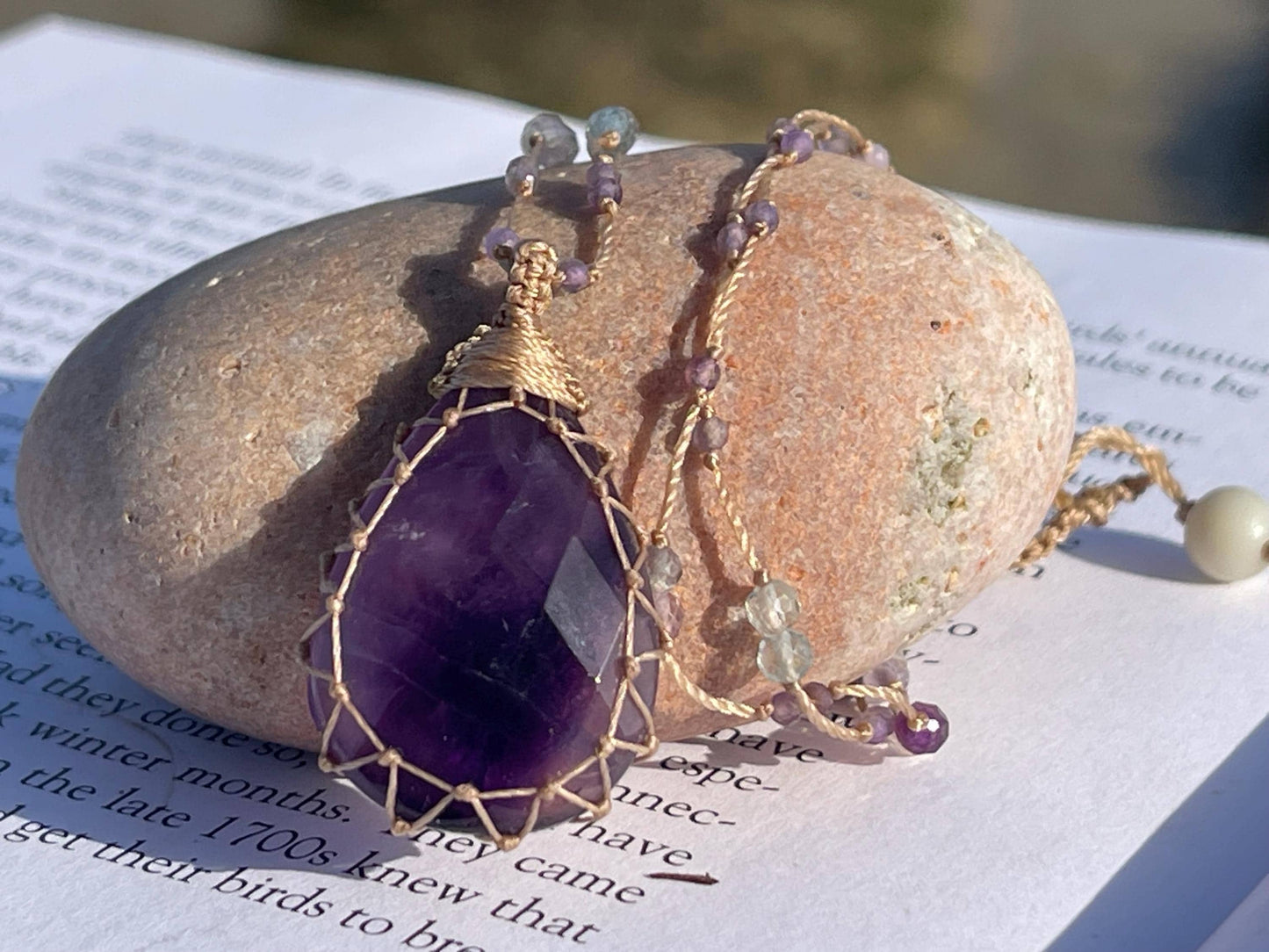 Stunning purple amethyst necklace. Purple macrame pendant. Handmade gemstone necklace, boho jewellery. Macrame jewellery. Unique jewellery.