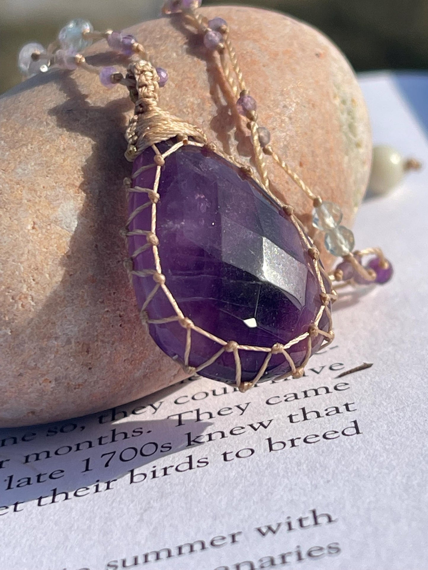 Stunning purple amethyst necklace. Purple macrame pendant. Handmade gemstone necklace, boho jewellery. Macrame jewellery. Unique jewellery.