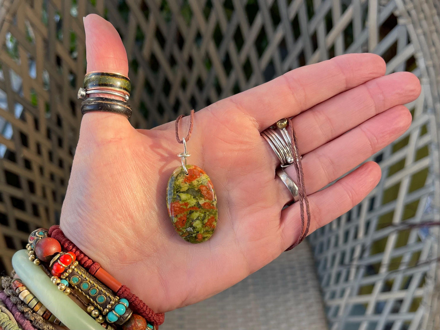 Unakite necklace, boho necklace, ethical jewellery, gift for him, handmade necklace for a man, gemstone gift for her, unique necklace.