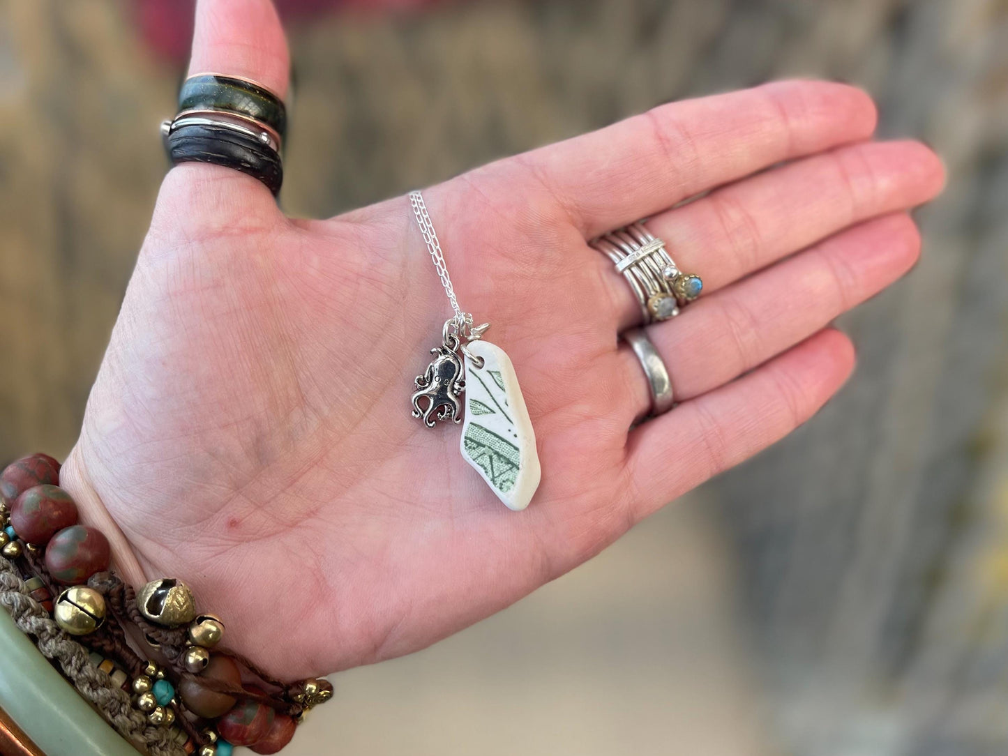 Eco friendly sea ceramic necklace on a sterling silver chain. Eco friendly jewellery, ethical jewellery. Eco friendly necklace.