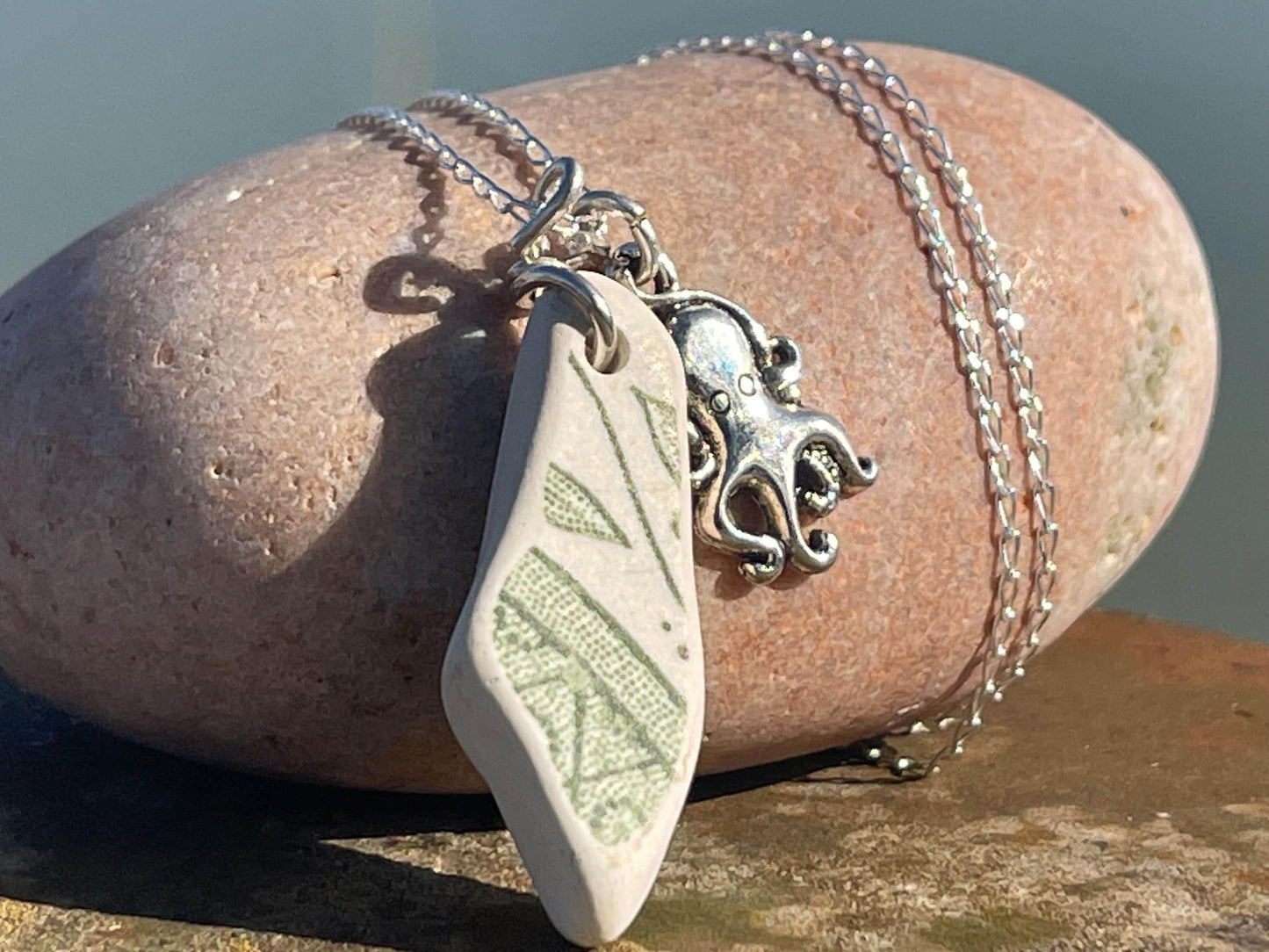 Eco friendly sea ceramic necklace on a sterling silver chain. Eco friendly jewellery, ethical jewellery. Eco friendly necklace.