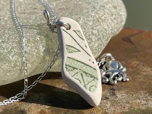 Eco friendly sea ceramic necklace on a sterling silver chain. Eco friendly jewellery, ethical jewellery. Eco friendly necklace.