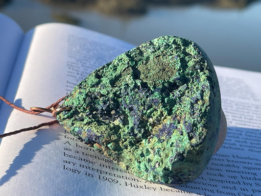 Very large azurite malachite necklace wrapped in recycled copper. Ethical jewellery, large gemstone jewellery, unusual necklaces.