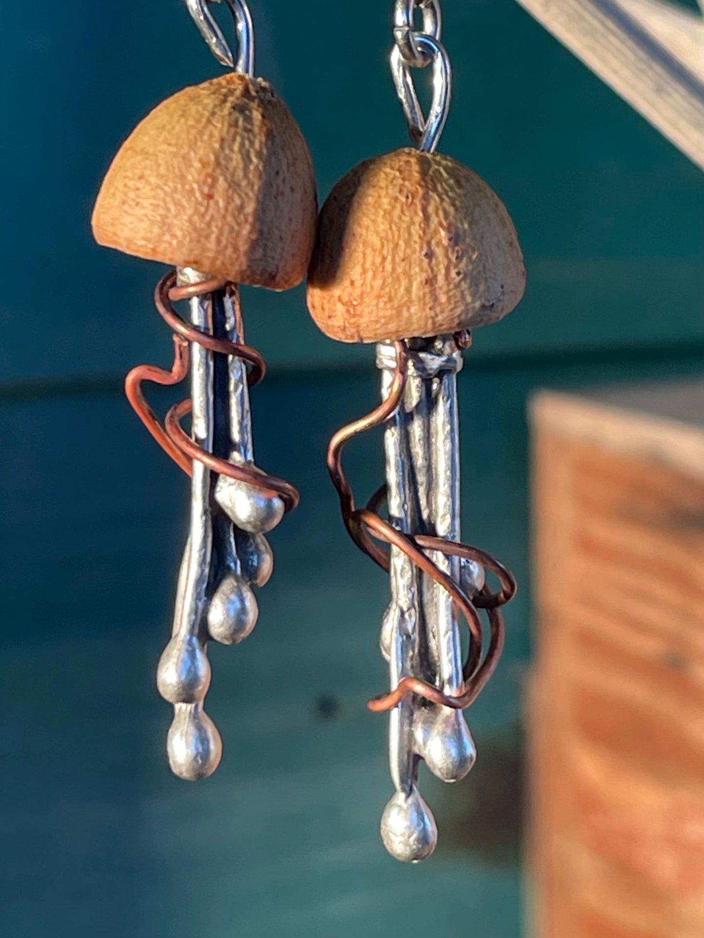 Jellyfish earrings made from recycled copper, brass & eucalyptus seeds. Jellyfish jewellery. Handmade earrings. Eco friendly jewellery