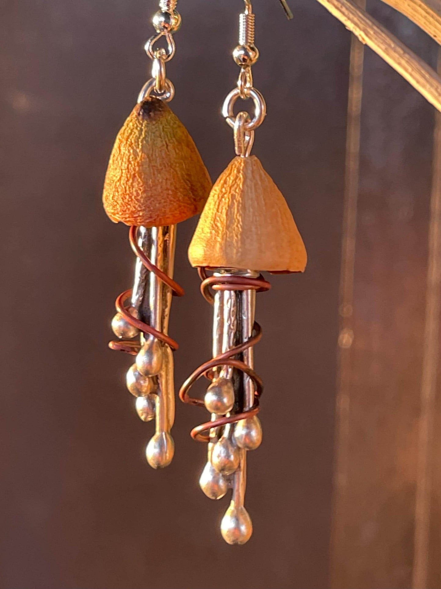 Jellyfish earrings made from recycled copper, brass & eucalyptus seeds. Jellyfish jewellery. Handmade earrings. Eco friendly jewellery
