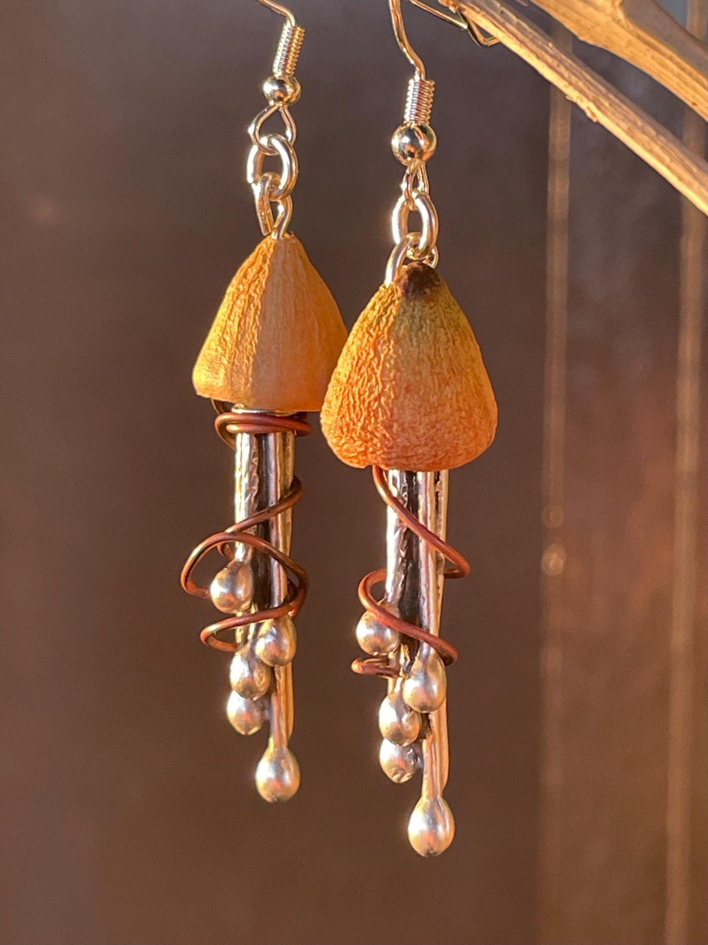 Jellyfish earrings made from recycled copper, brass & eucalyptus seeds. Jellyfish jewellery. Handmade earrings. Eco friendly jewellery