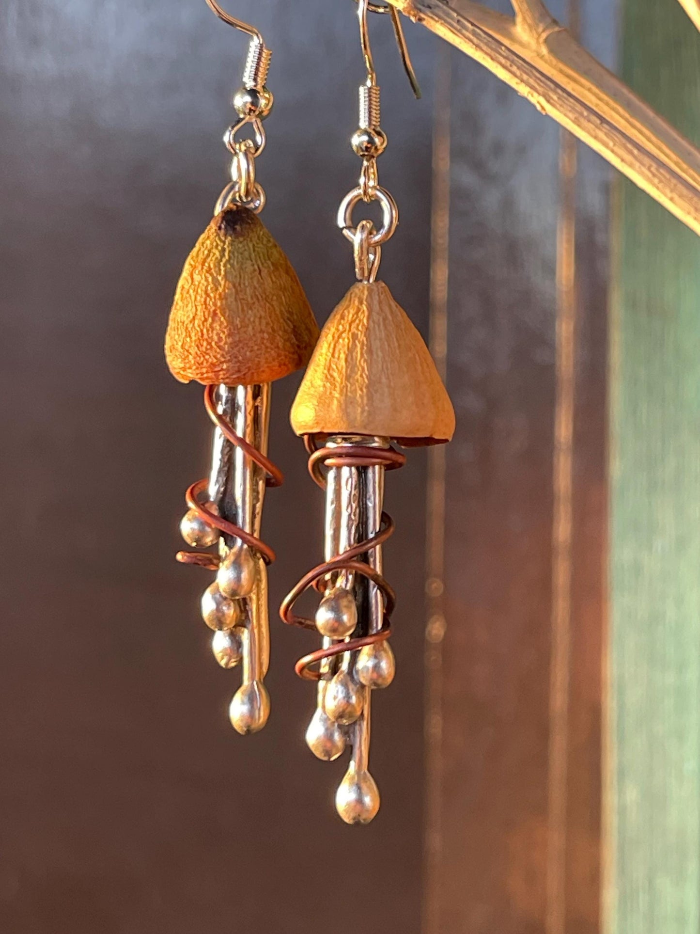 Jellyfish earrings made from recycled copper, brass & eucalyptus seeds. Jellyfish jewellery. Handmade earrings. Eco friendly jewellery