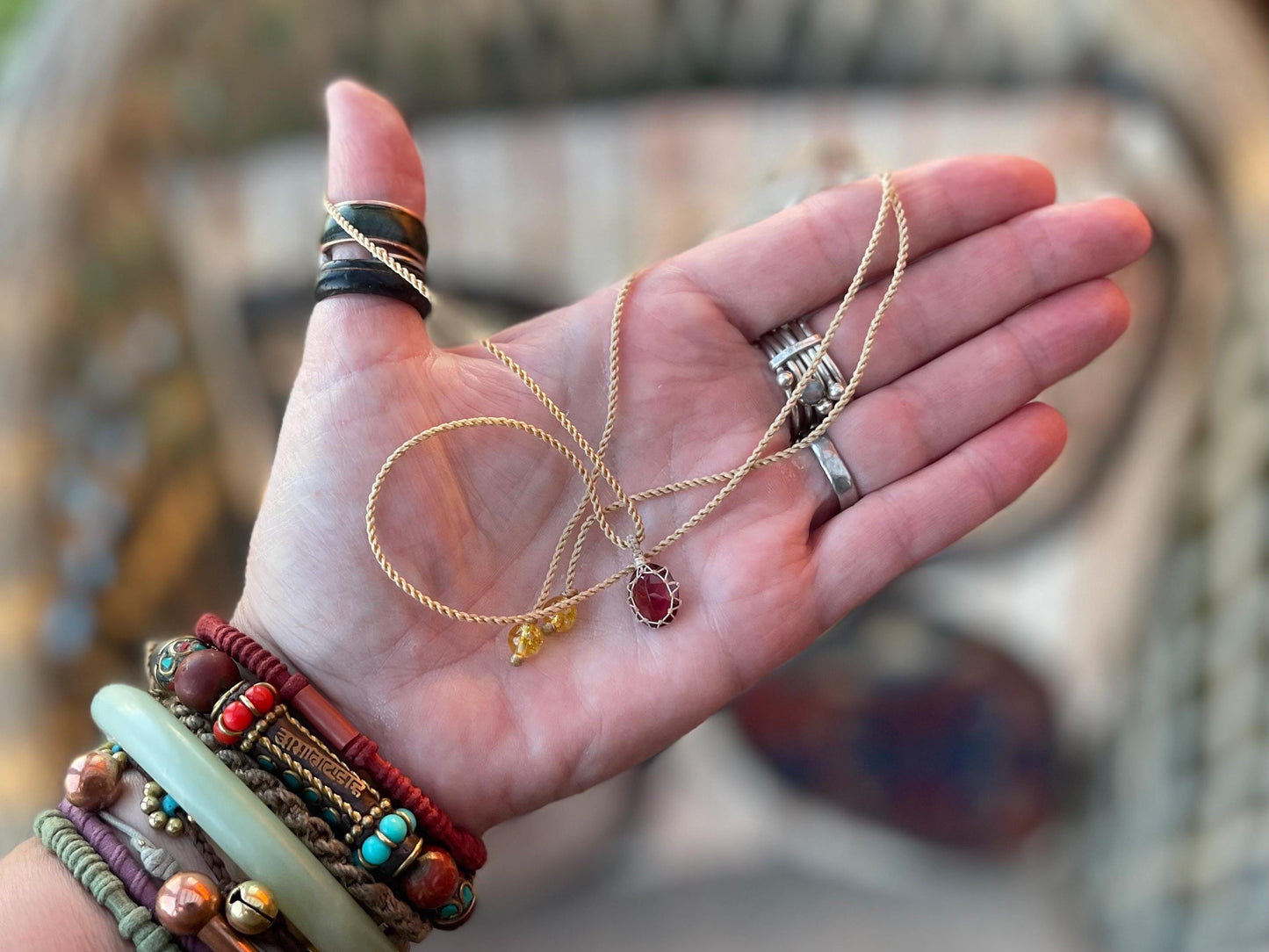 Stunning macrame garnet necklace on an adjustable cord. Handmade gemstone necklace, boho jewellery. Macrame jewellery. Unique necklace.