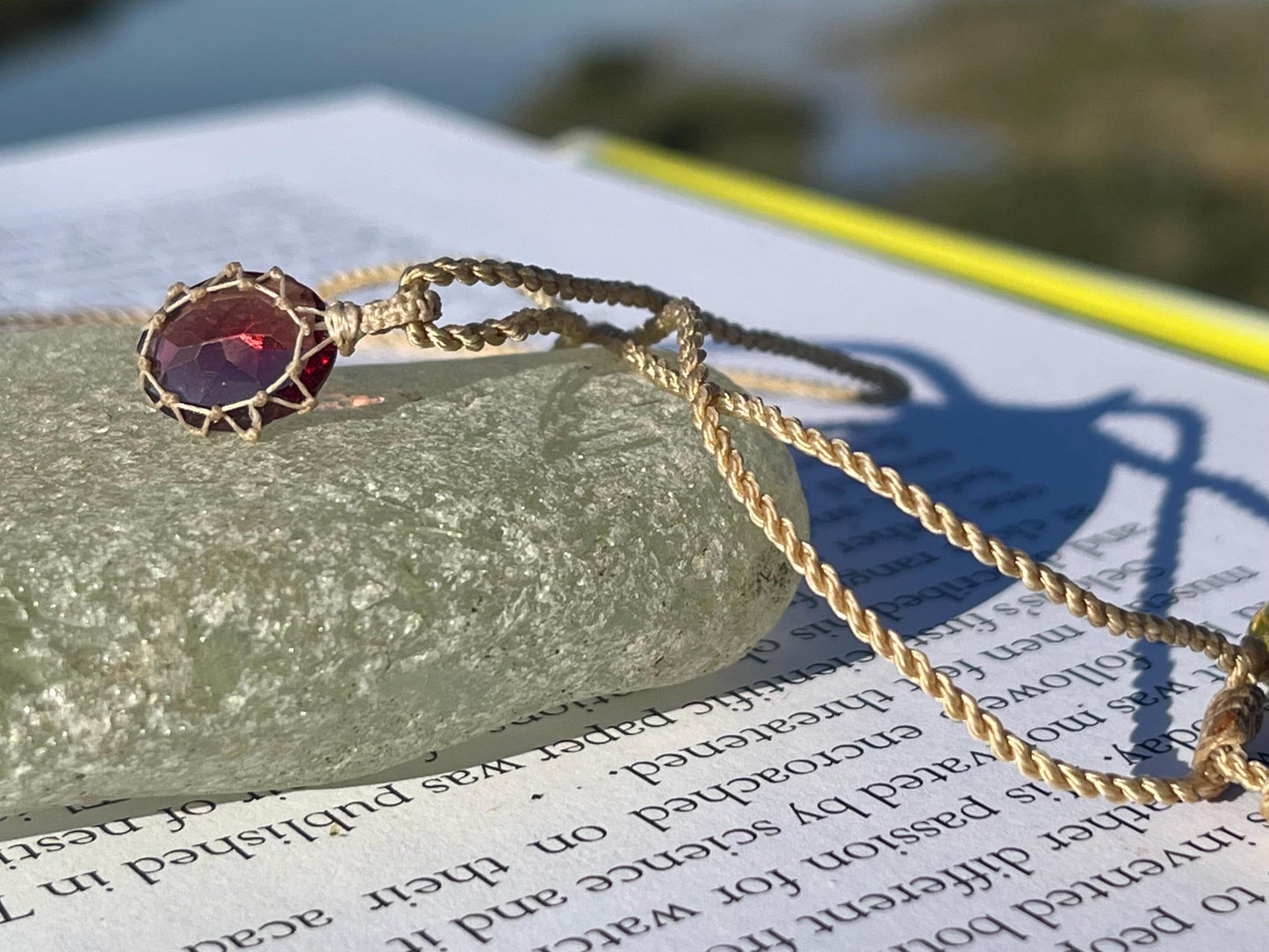 Stunning macrame garnet necklace on an adjustable cord. Handmade gemstone necklace, boho jewellery. Macrame jewellery. Unique necklace.