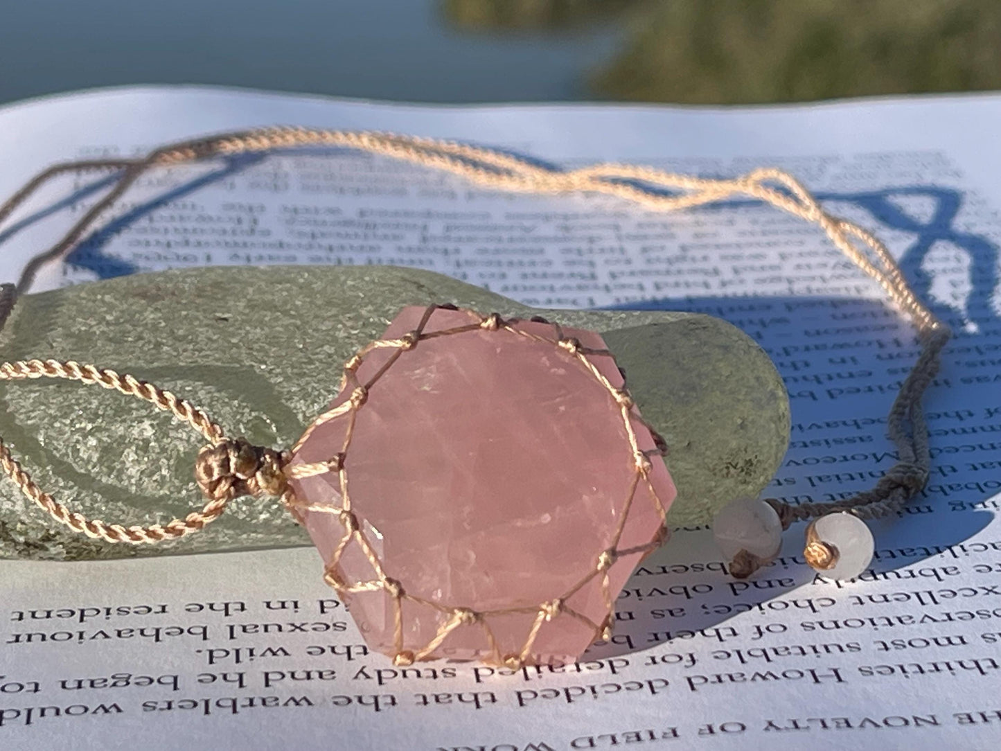Stunning macrame rose quartz necklace on an adjustable cord. Handmade gemstone necklace, boho jewellery. Macrame jewellery. Unique necklace.