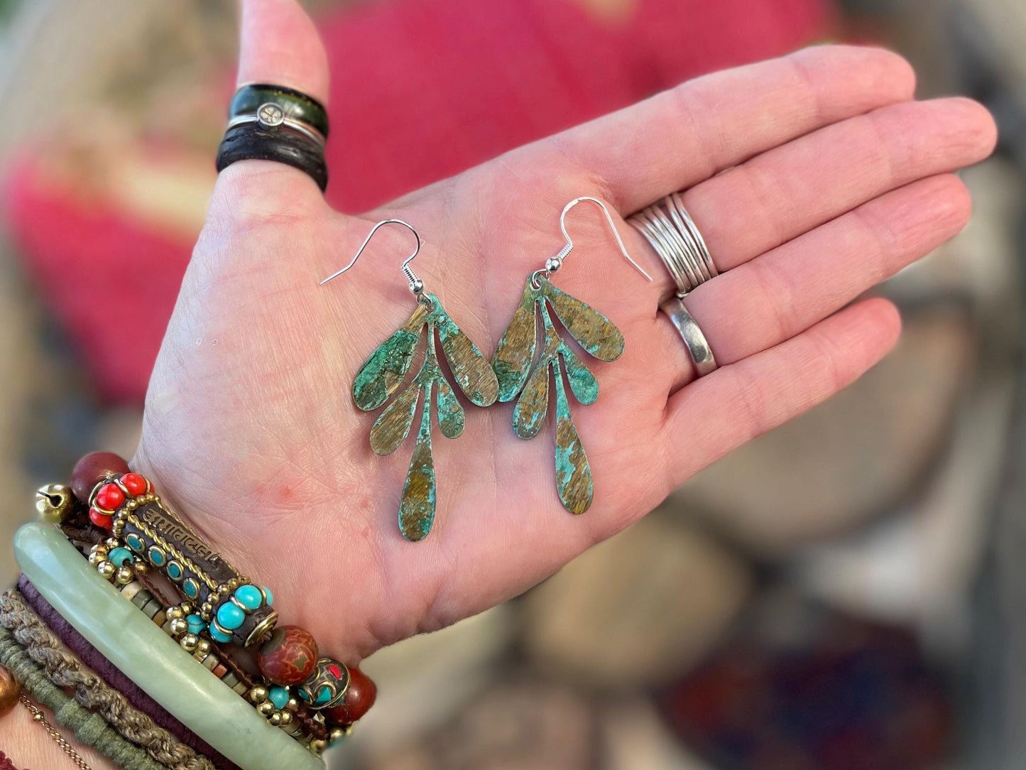 Handmade leaf earrings. Rustic earrings, unusual earrings, unusual gift for her, blue earrings, boho earrings, leaf jewellery, hippy gift
