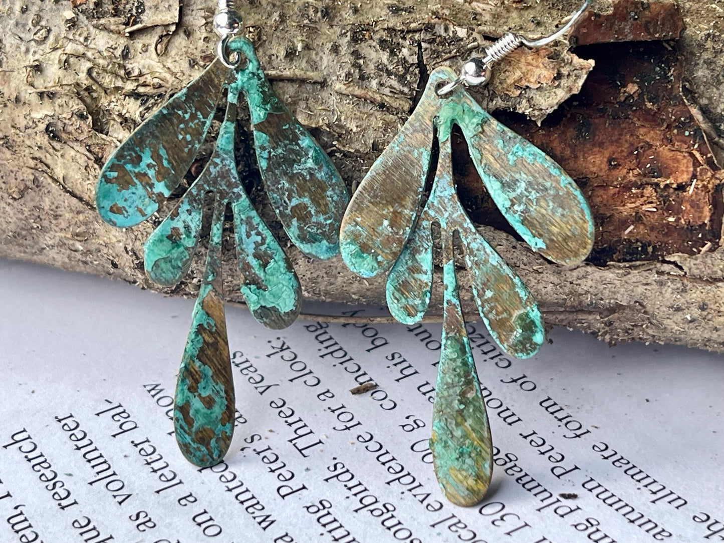 Handmade leaf earrings. Rustic earrings, unusual earrings, unusual gift for her, blue earrings, boho earrings, leaf jewellery, hippy gift