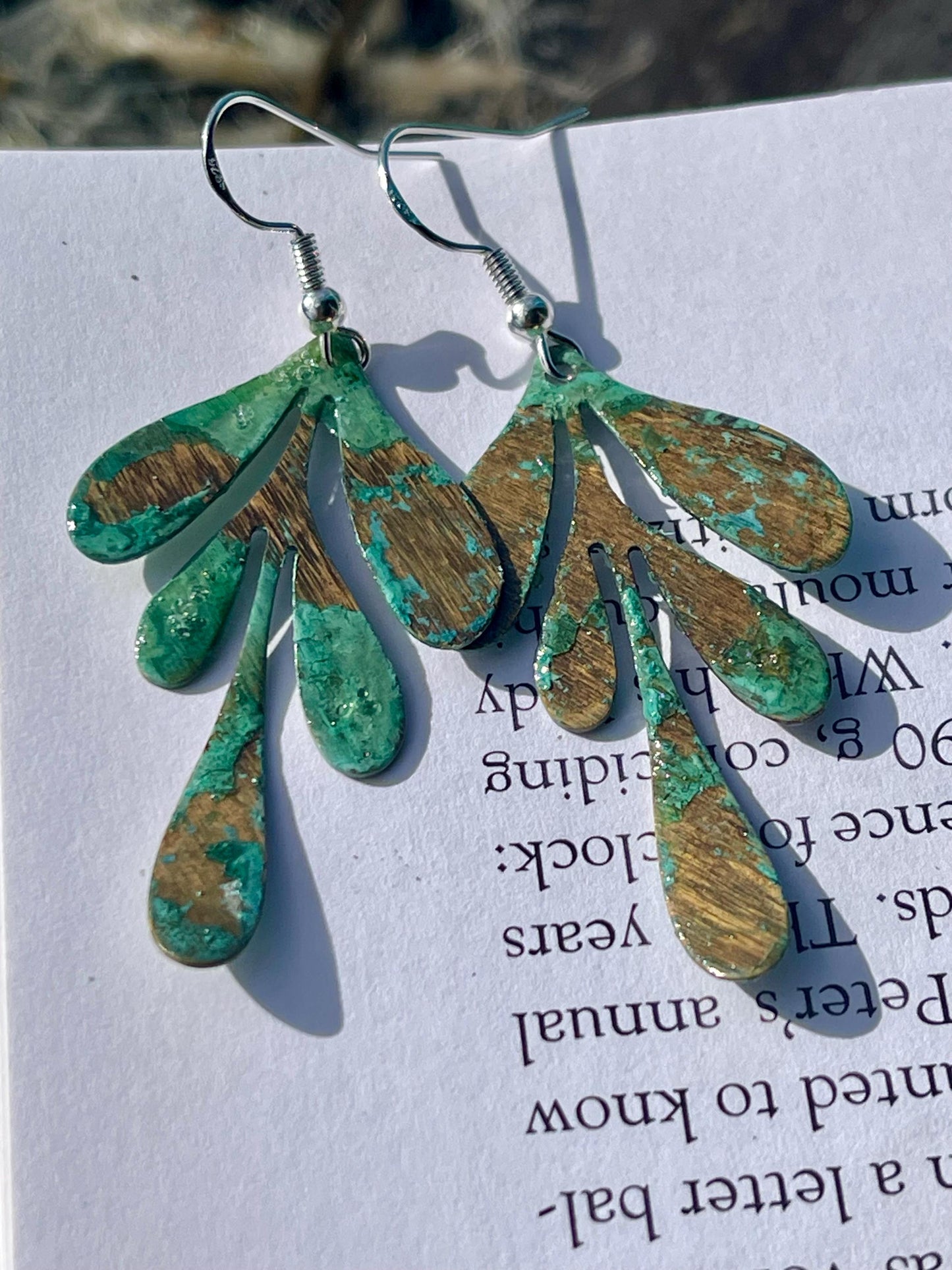 Handmade leaf earrings. Rustic earrings, unusual earrings, unusual gift for her, blue earrings, boho earrings, leaf jewellery, hippy gift