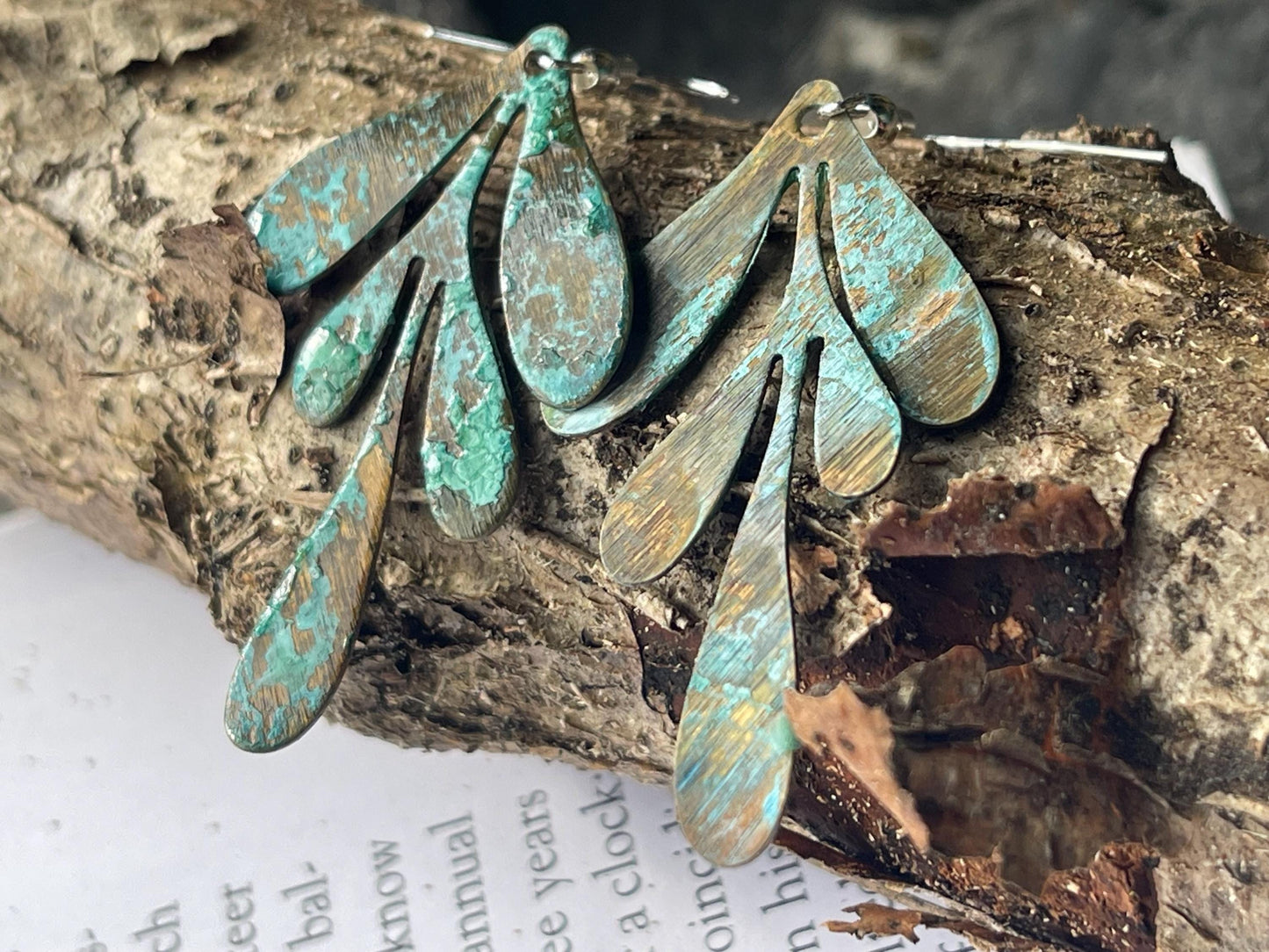Handmade leaf earrings. Rustic earrings, unusual earrings, unusual gift for her, blue earrings, boho earrings, leaf jewellery, hippy gift