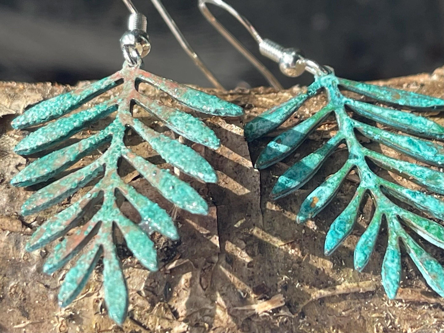 Handmade leaf earrings. Rustic earrings, unusual earrings, unusual gift for her, blue earrings, boho earrings, leaf jewellery, hippy gift