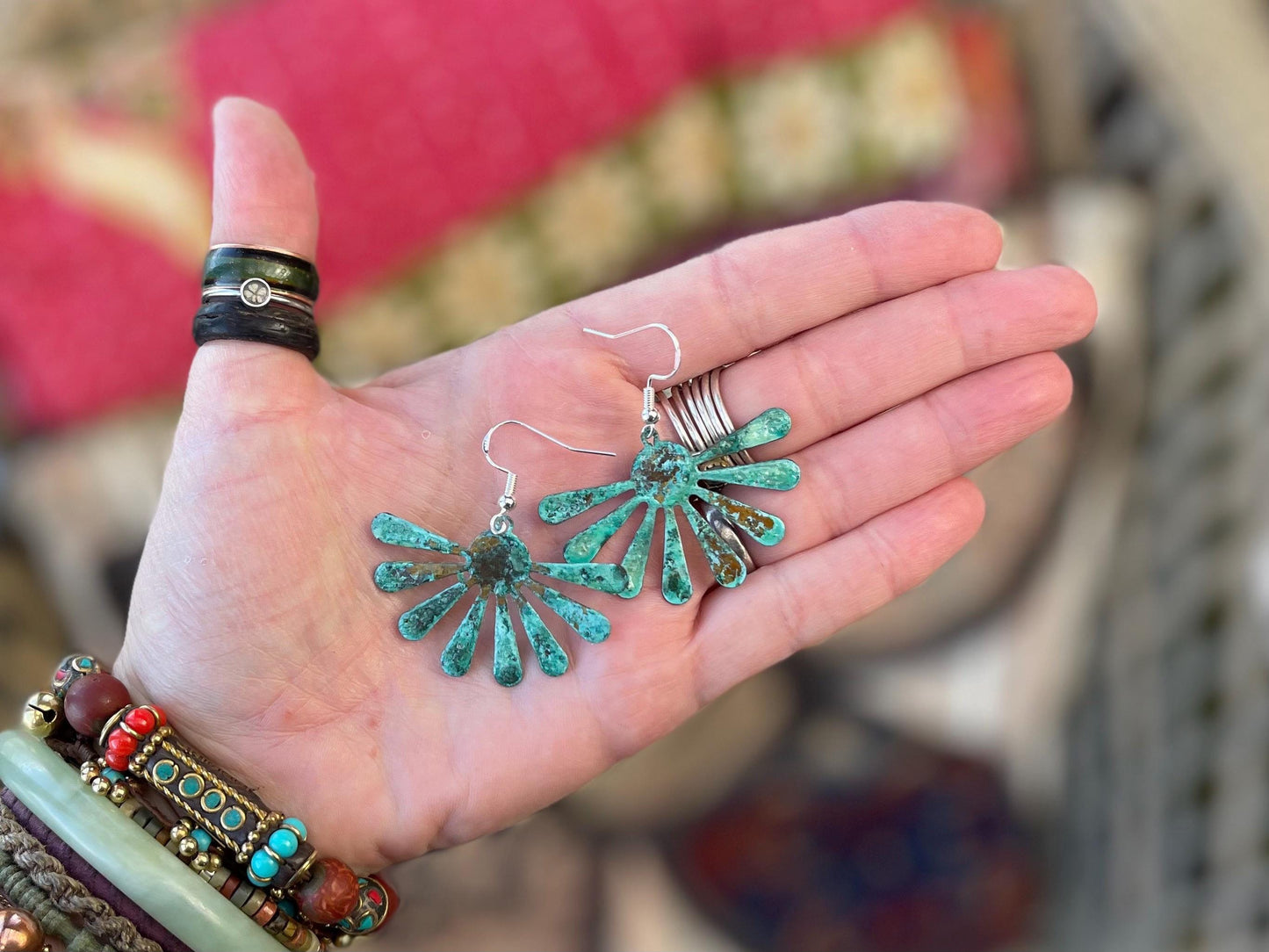 Handmade floral earrings. Rustic earrings, unusual earrings, unusual gift for her, blue earrings, boho earrings, unusual jewellery, hippy gift