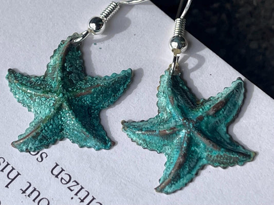 Handmade starfish earrings. Rustic earrings, unusual earrings, unusual gift for her, blue earrings, boho earrings, hippy gift. Beach earring