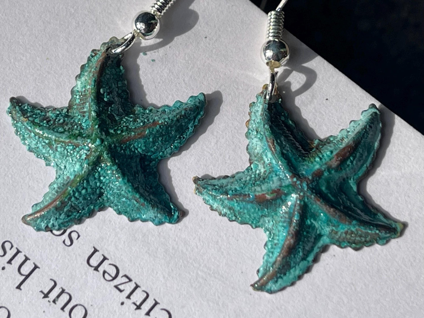Handmade starfish earrings. Rustic earrings, unusual earrings, unusual gift for her, blue earrings, boho earrings, hippy gift. Beach earring