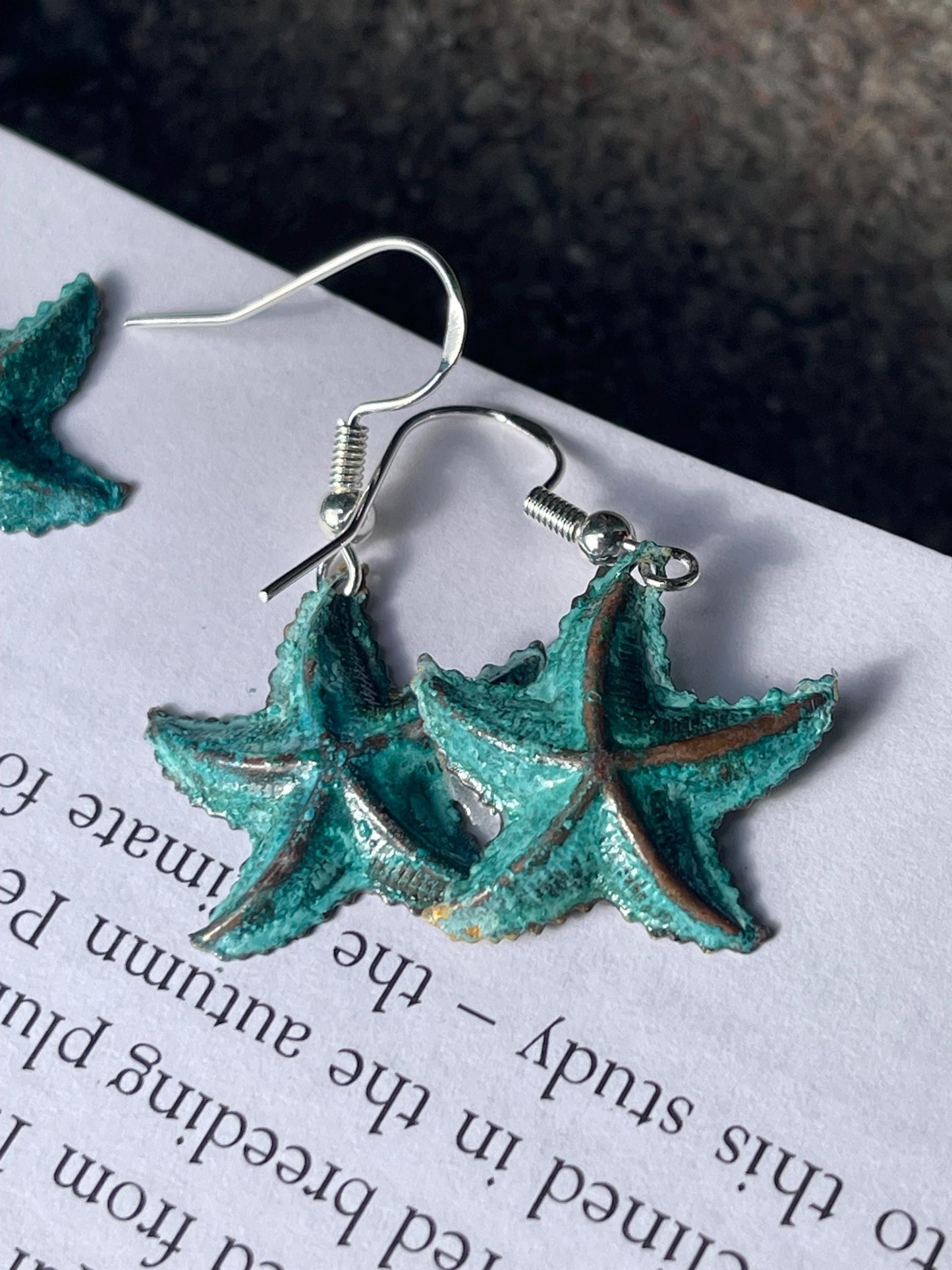 Handmade starfish earrings. Rustic earrings, unusual earrings, unusual gift for her, blue earrings, boho earrings, hippy gift. Beach earring