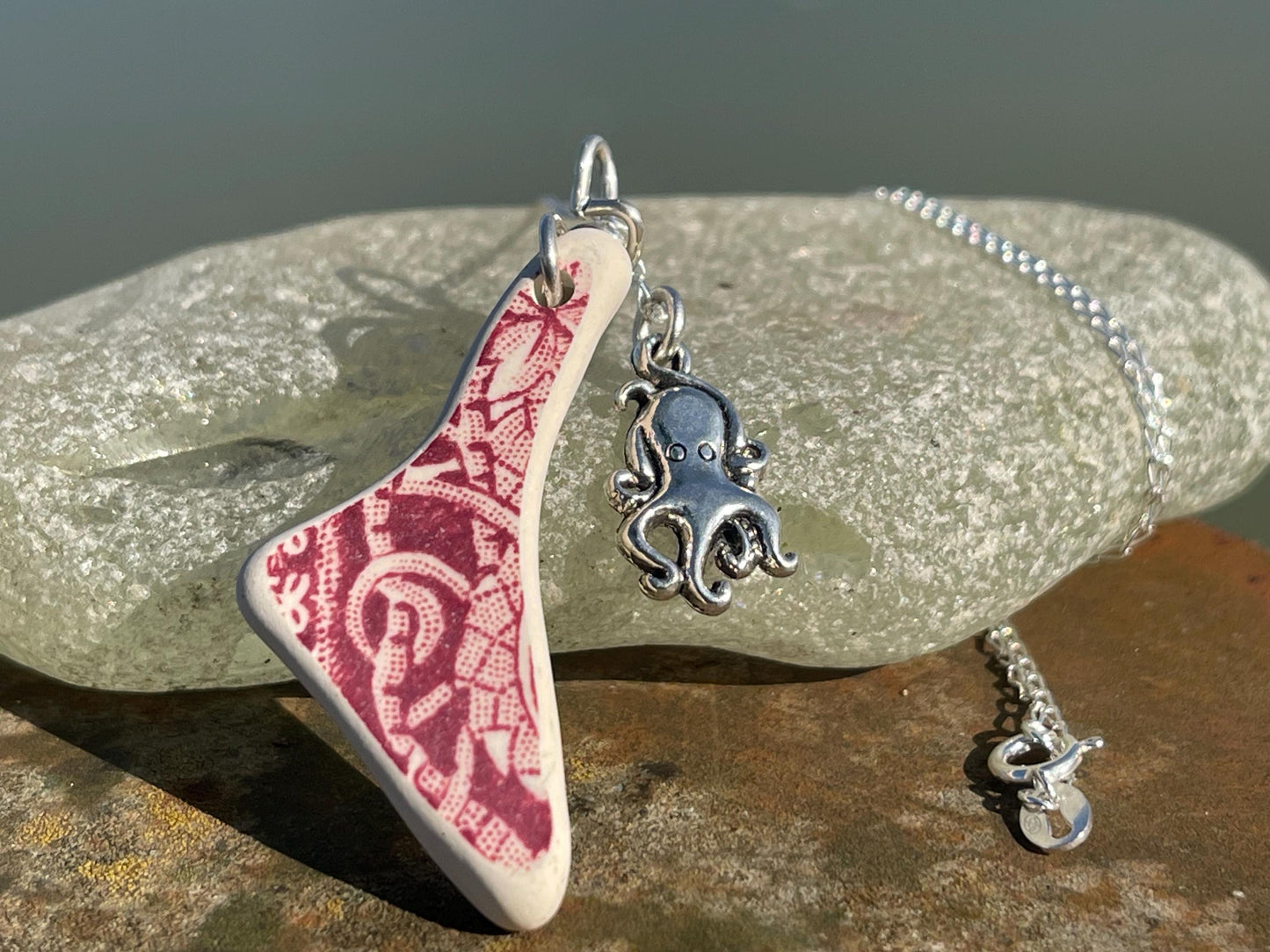 Eco friendly sea ceramic necklace on a sterling silver chain. Eco friendly jewellery, ethical jewellery. Eco friendly necklace.