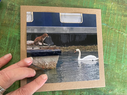 Fox & swan card, recycled card, nature card, birthday card, recycled card. Eco friendly gift card. Handmade card. Blank message card.