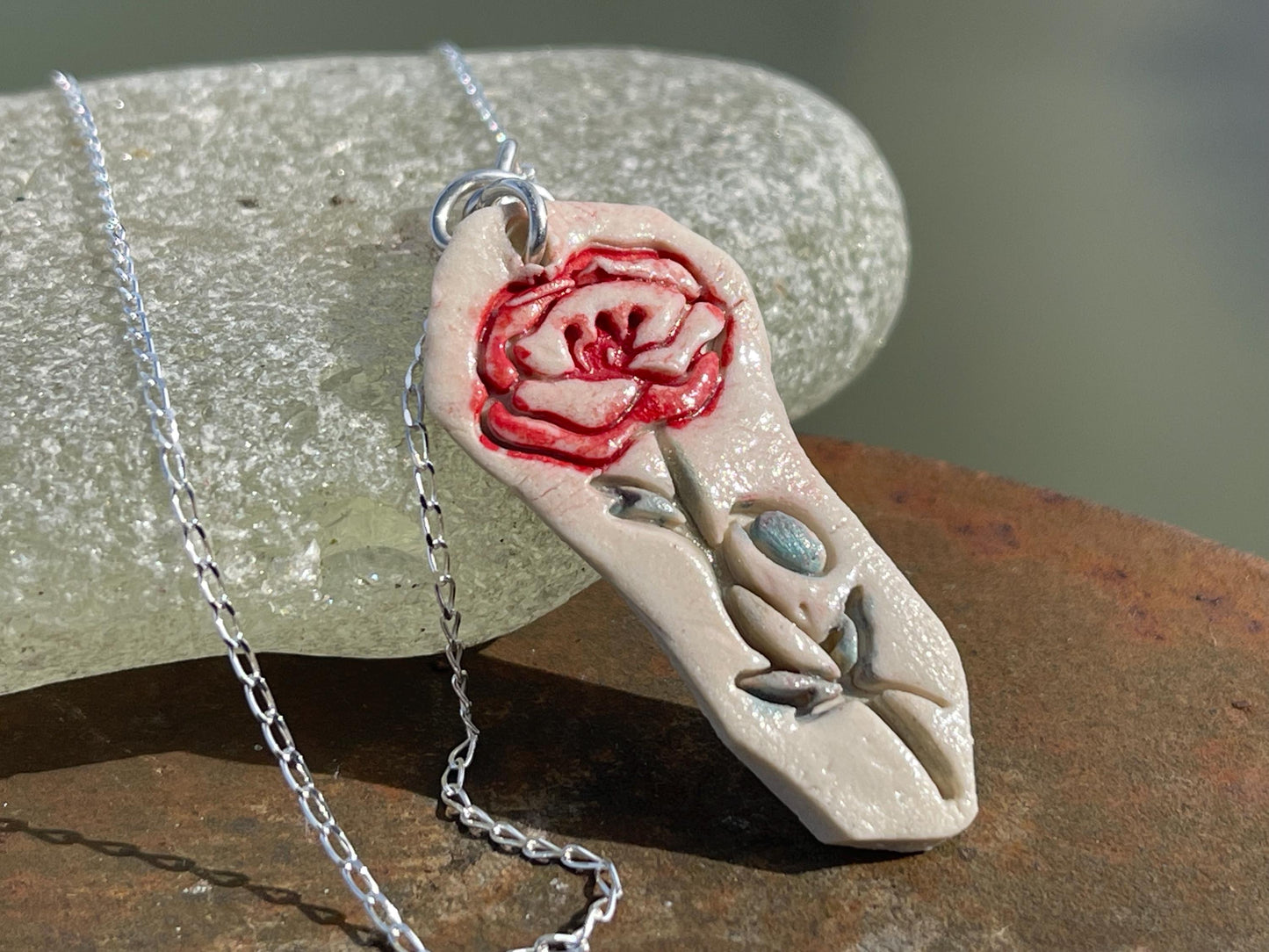 Handmade porcelain rose pendant. Eco friendly jewellery. Handmade rose necklaces on recycled sterling silver. Ethical jewellery. Eco gifts.