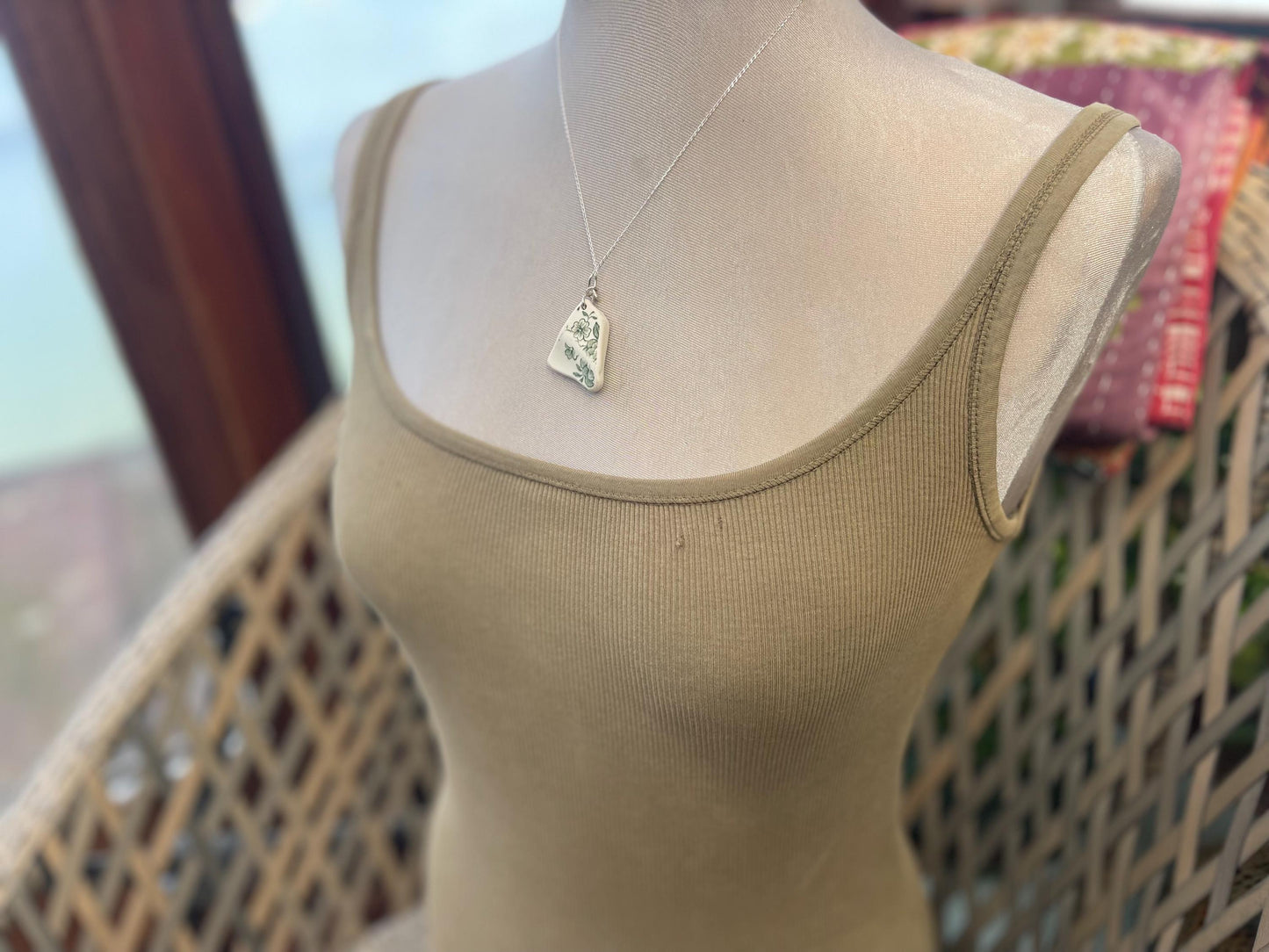 Eco friendly sea ceramic necklace on a sterling silver chain. Eco friendly jewellery, ethical jewellery. Eco friendly necklace.