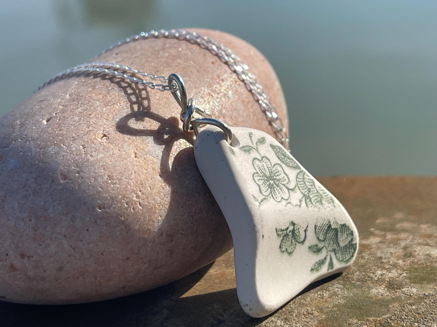 Eco friendly sea ceramic necklace on a sterling silver chain. Eco friendly jewellery, ethical jewellery. Eco friendly necklace.