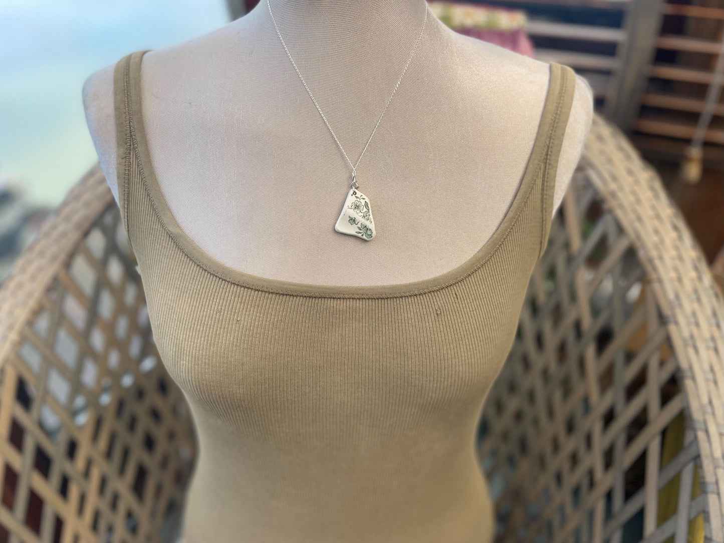 Eco friendly sea ceramic necklace on a sterling silver chain. Eco friendly jewellery, ethical jewellery. Eco friendly necklace.