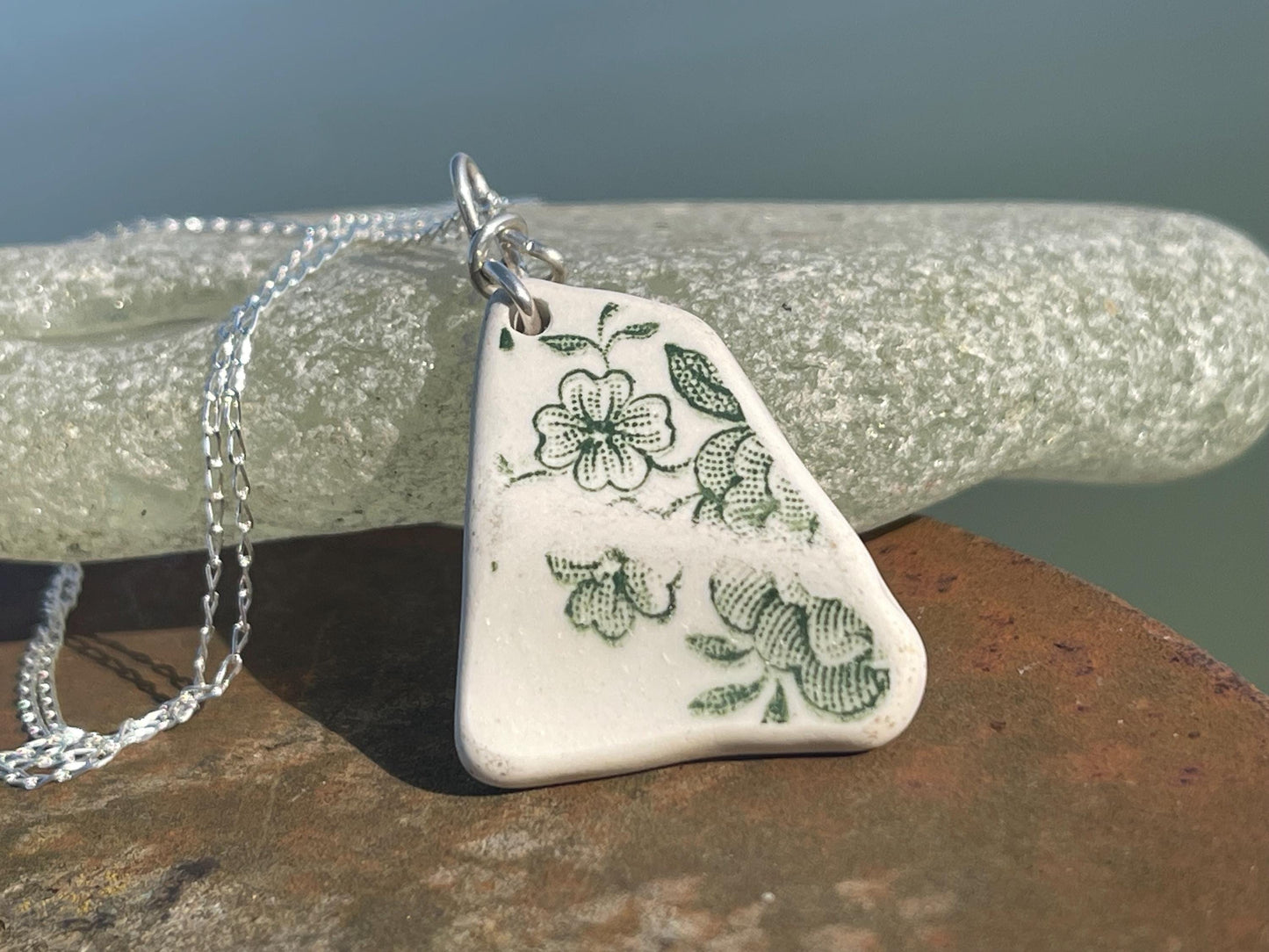 Eco friendly sea ceramic necklace on a sterling silver chain. Eco friendly jewellery, ethical jewellery. Eco friendly necklace.