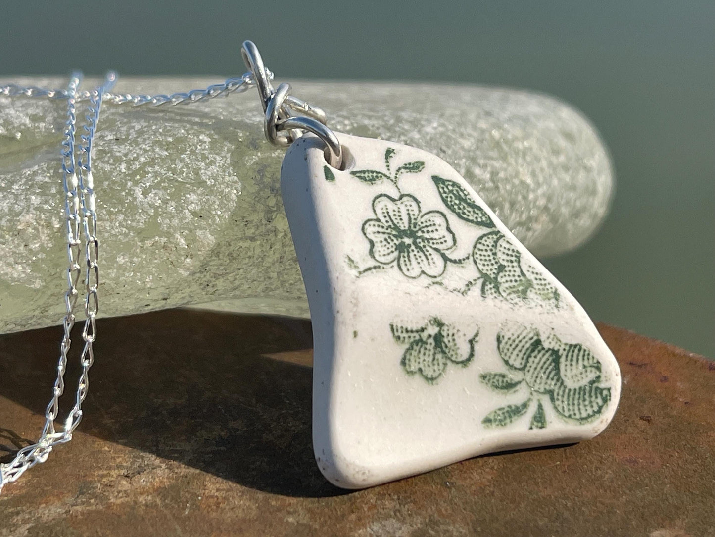 Eco friendly sea ceramic necklace on a sterling silver chain. Eco friendly jewellery, ethical jewellery. Eco friendly necklace.