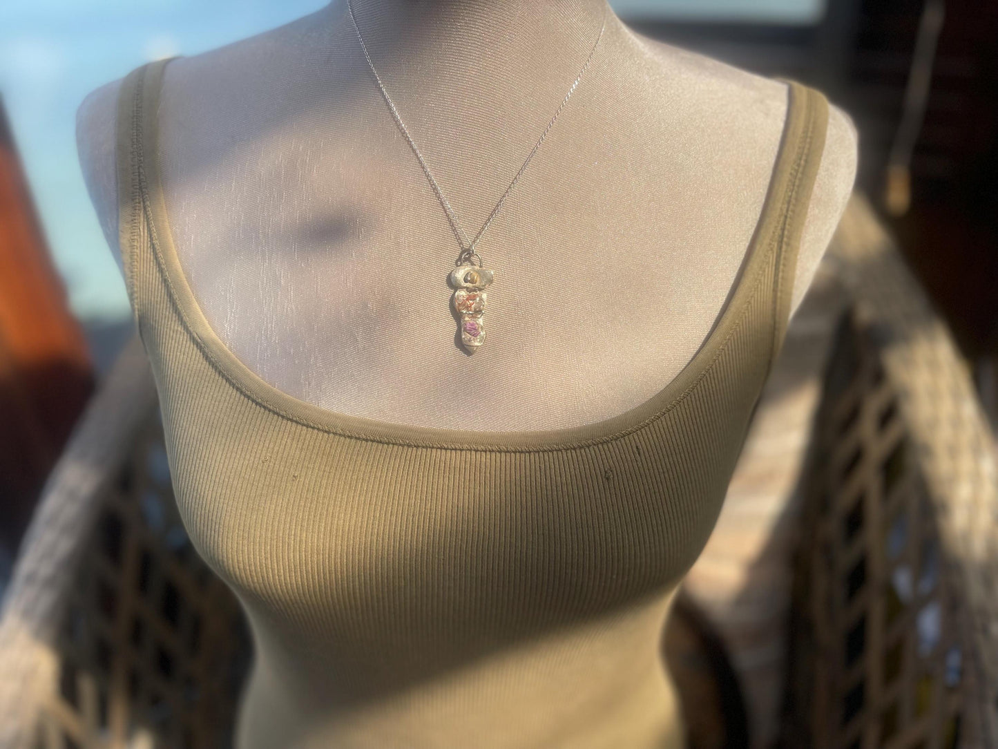 Recycled silver artisan necklace. On sale as it is a practice piece. Integrating seaweed and a violet petal. Unique silver artisan necklace.