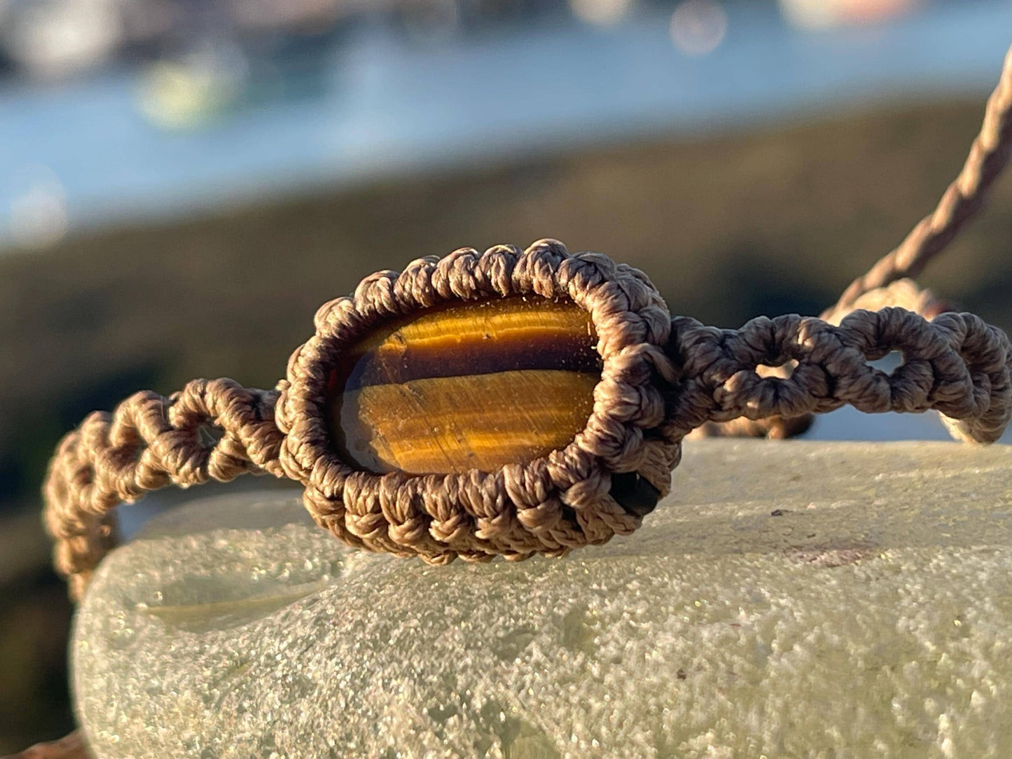 Stunning macrame wrapped tigers eye bracelet, ethical jewellery, unusual jewellery, macrame jewellery. Brown macrame bracelet. Boho.