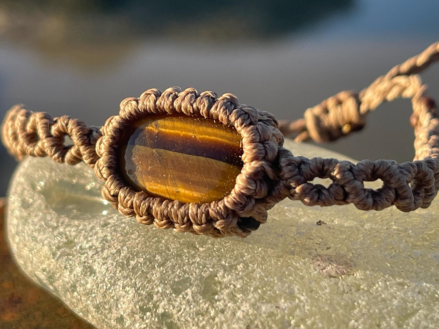 Stunning macrame wrapped tigers eye bracelet, ethical jewellery, unusual jewellery, macrame jewellery. Brown macrame bracelet. Boho.