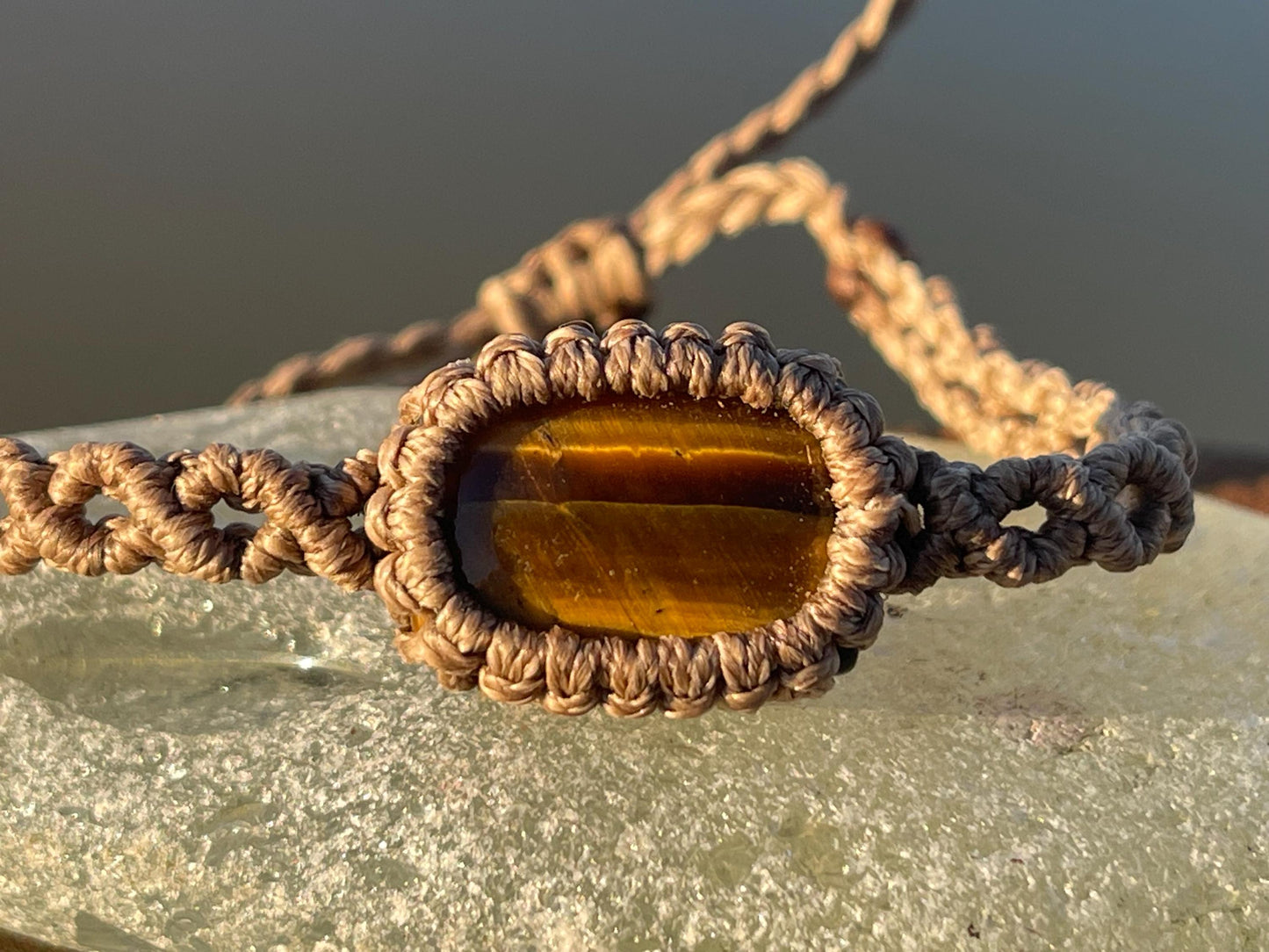 Stunning macrame wrapped tigers eye bracelet, ethical jewellery, unusual jewellery, macrame jewellery. Brown macrame bracelet. Boho.