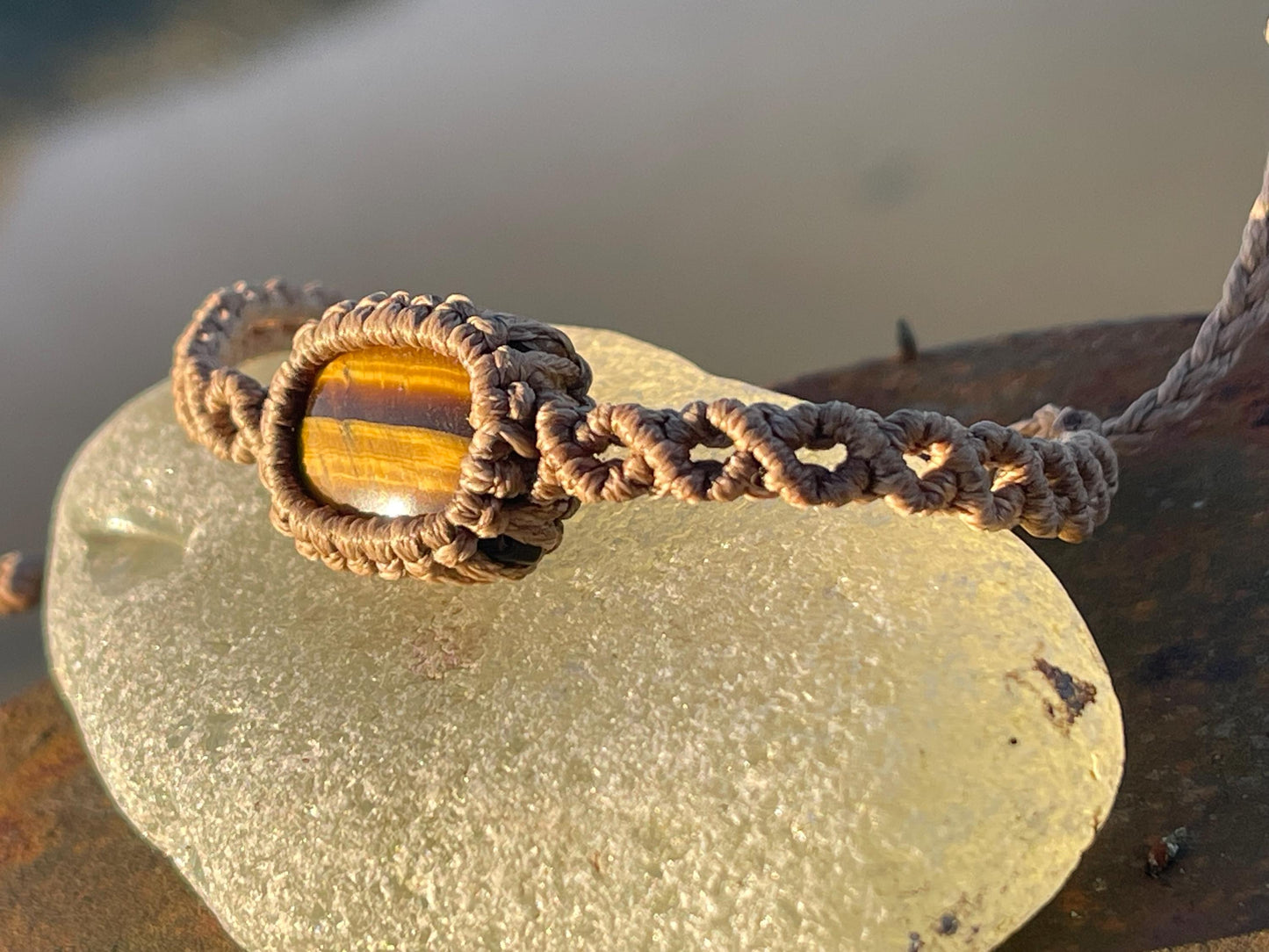 Stunning macrame wrapped tigers eye bracelet, ethical jewellery, unusual jewellery, macrame jewellery. Brown macrame bracelet. Boho.