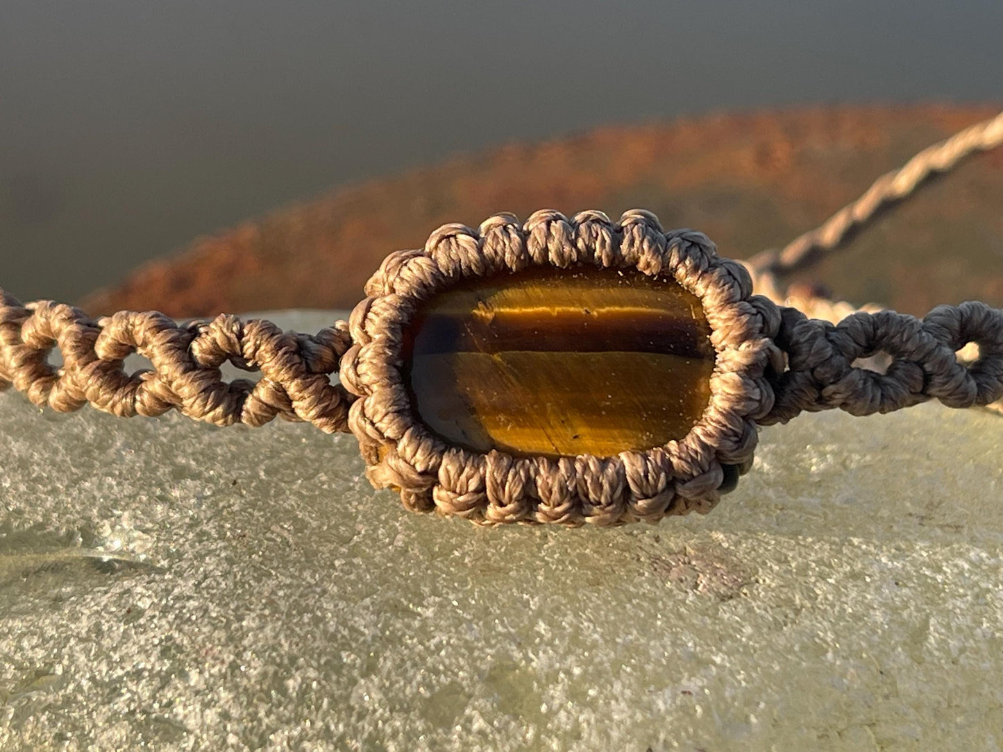 Stunning macrame wrapped tigers eye bracelet, ethical jewellery, unusual jewellery, macrame jewellery. Brown macrame bracelet. Boho.