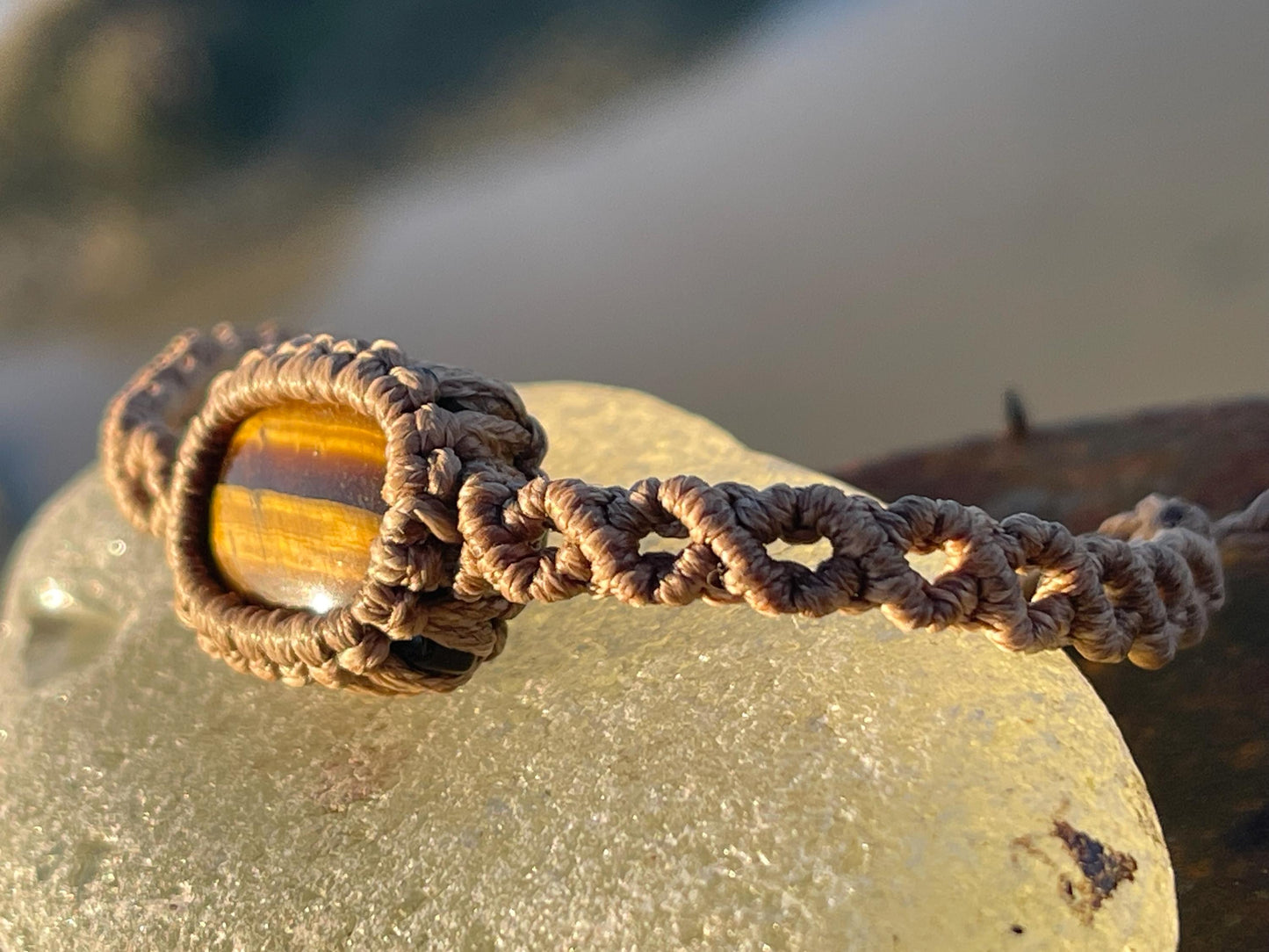 Stunning macrame wrapped tigers eye bracelet, ethical jewellery, unusual jewellery, macrame jewellery. Brown macrame bracelet. Boho.