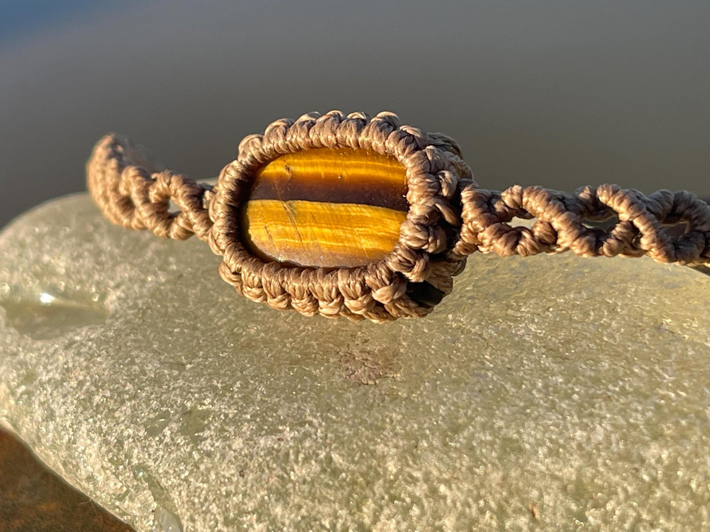 Stunning macrame wrapped tigers eye bracelet, ethical jewellery, unusual jewellery, macrame jewellery. Brown macrame bracelet. Boho.