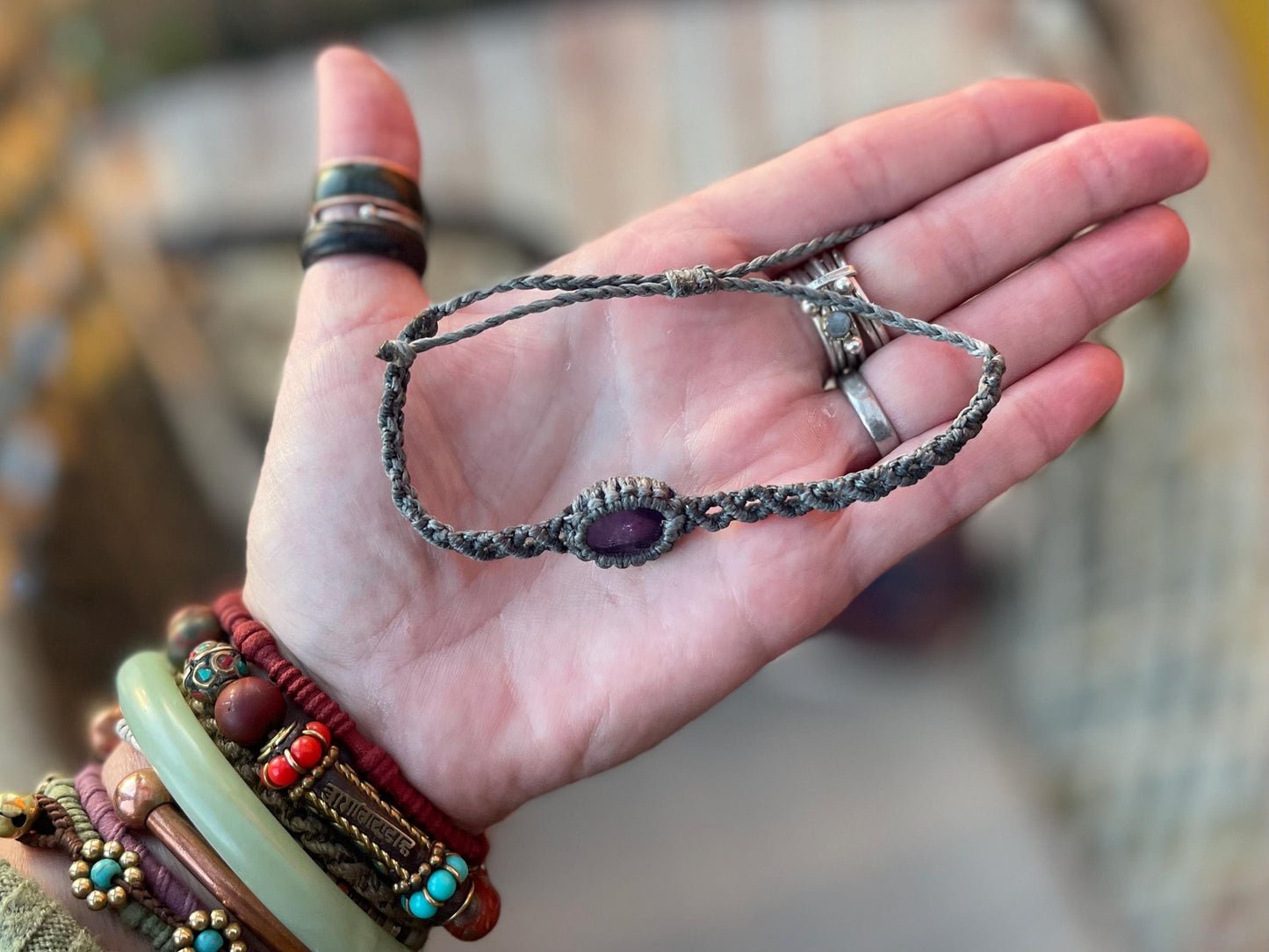 Stunning macrame wrapped amethyst bracelet, ethical jewellery, unusual jewellery, macrame jewellery. Purple gemstone macrame bracelet. Boho.