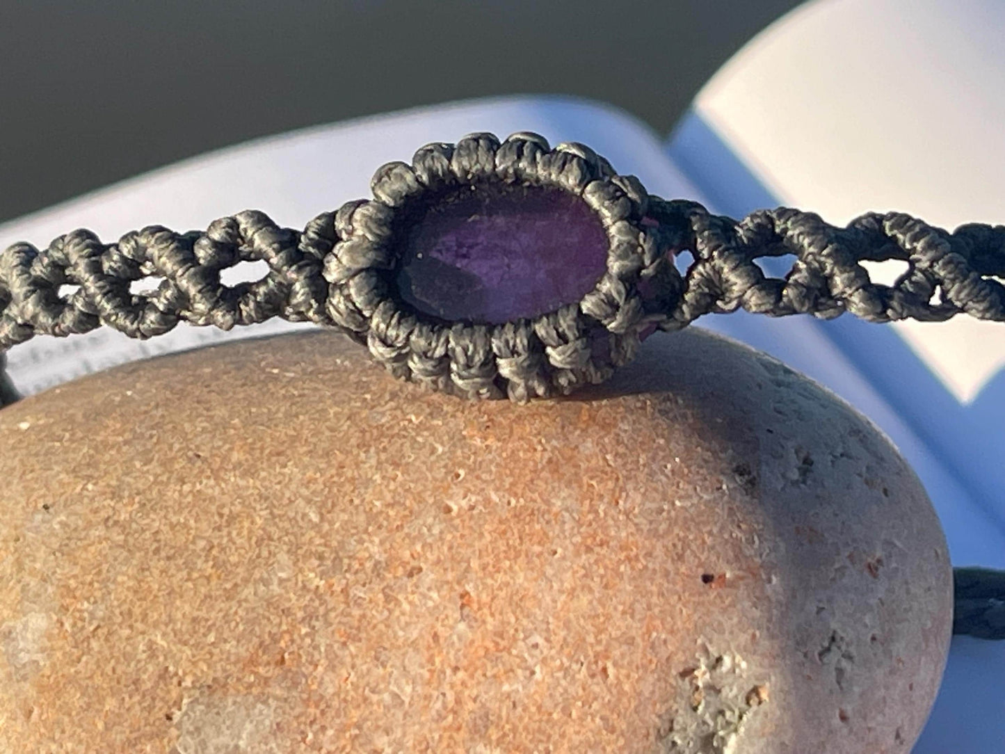 Stunning macrame wrapped amethyst bracelet, ethical jewellery, unusual jewellery, macrame jewellery. Purple gemstone macrame bracelet. Boho.