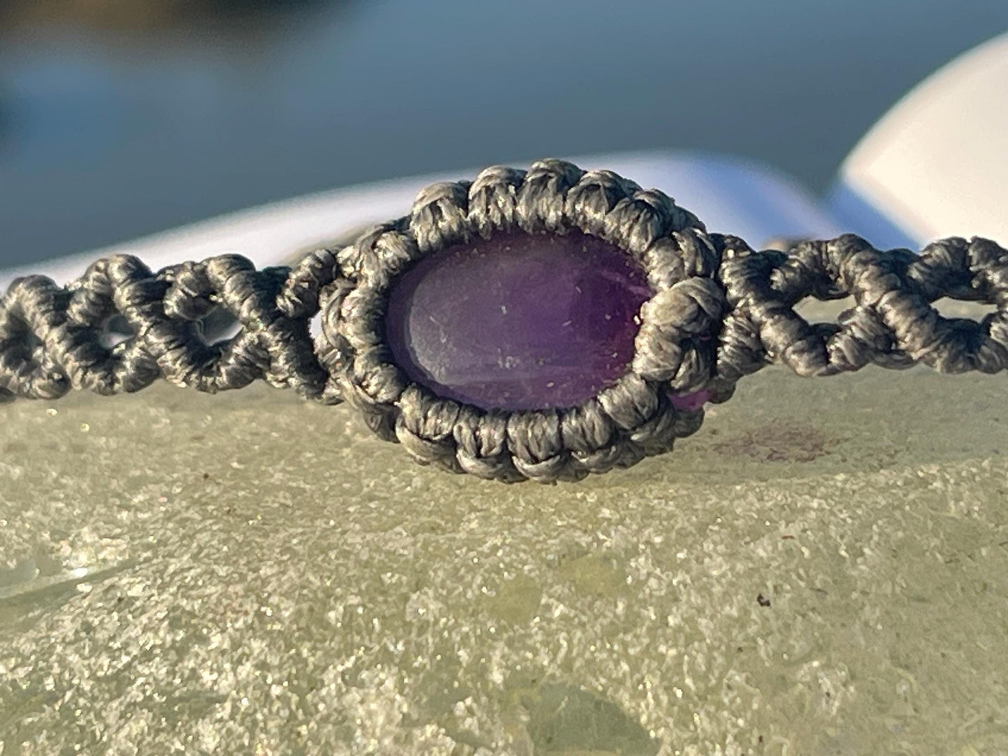 Stunning macrame wrapped amethyst bracelet, ethical jewellery, unusual jewellery, macrame jewellery. Purple gemstone macrame bracelet. Boho.