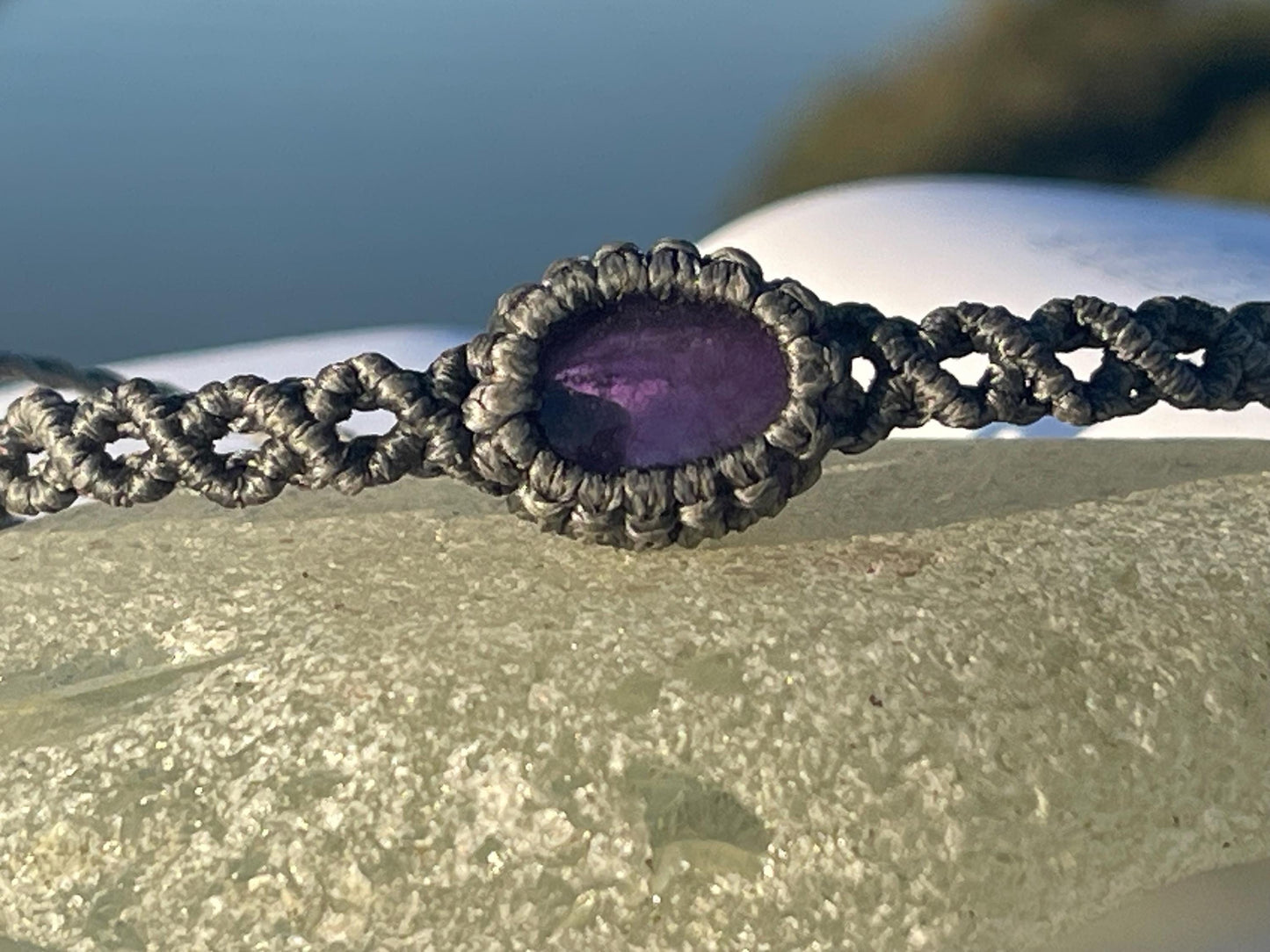 Stunning macrame wrapped amethyst bracelet, ethical jewellery, unusual jewellery, macrame jewellery. Purple gemstone macrame bracelet. Boho.