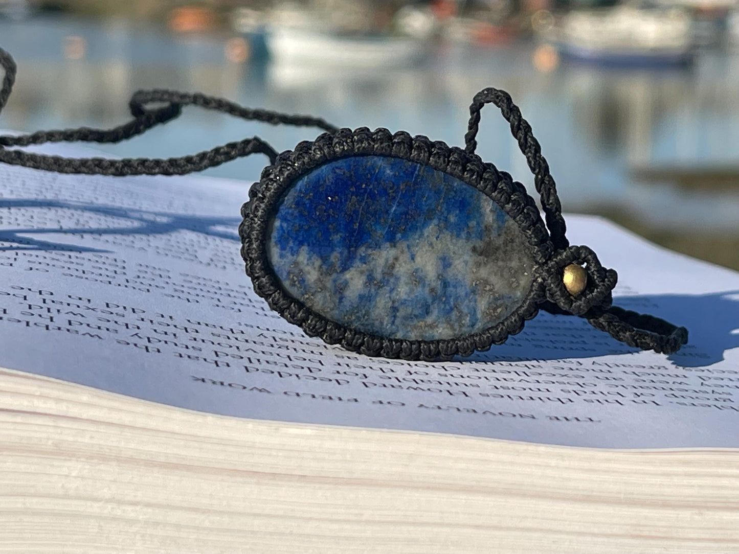 Stunning macrame lapis necklace on an adjustable cord. Handmade gemstone necklace, boho jewellery. Macrame jewellery. Unique necklace.